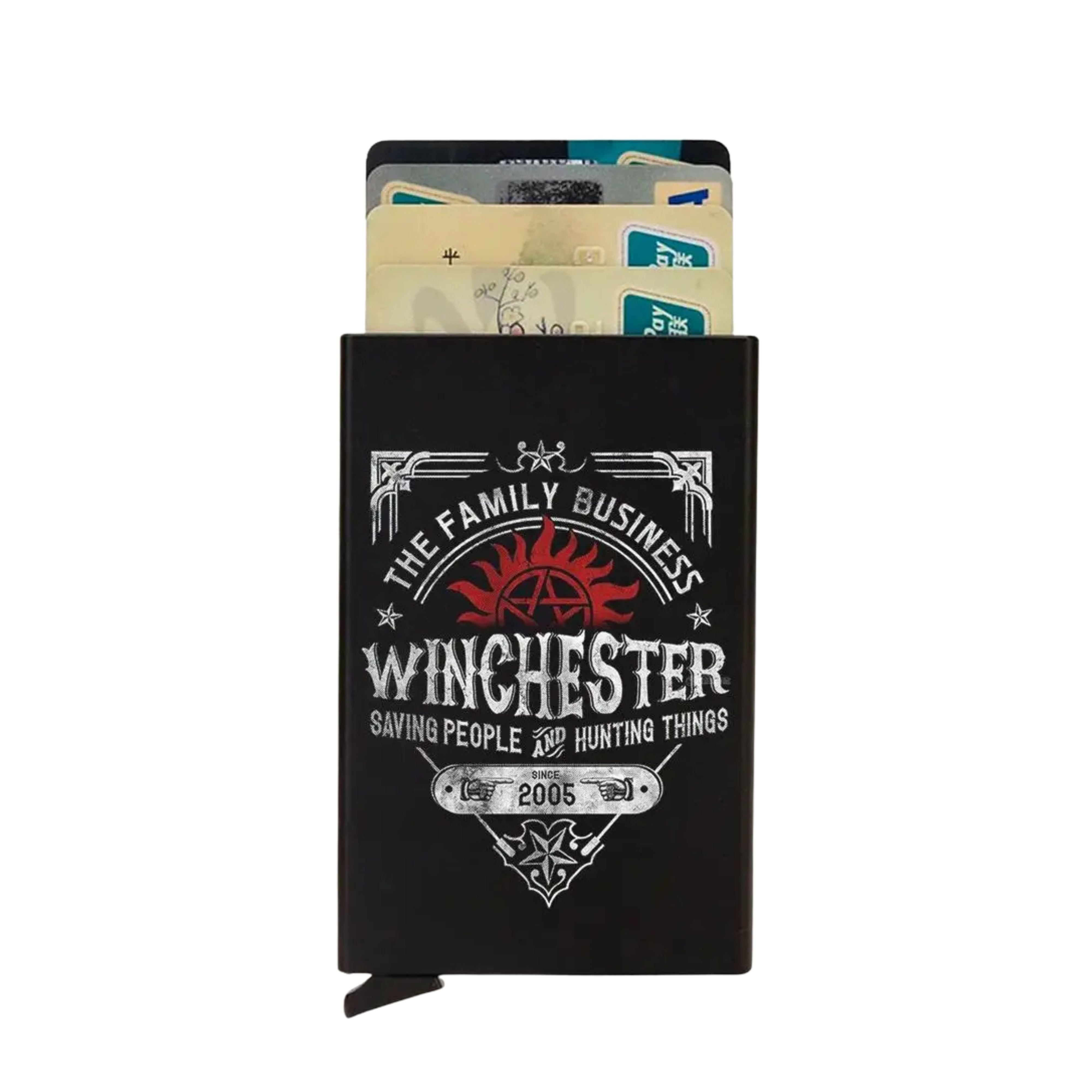 ZeAiLi aluminum smart wallet designed with a complex white and red badge graphic celebrating the Winchester family business