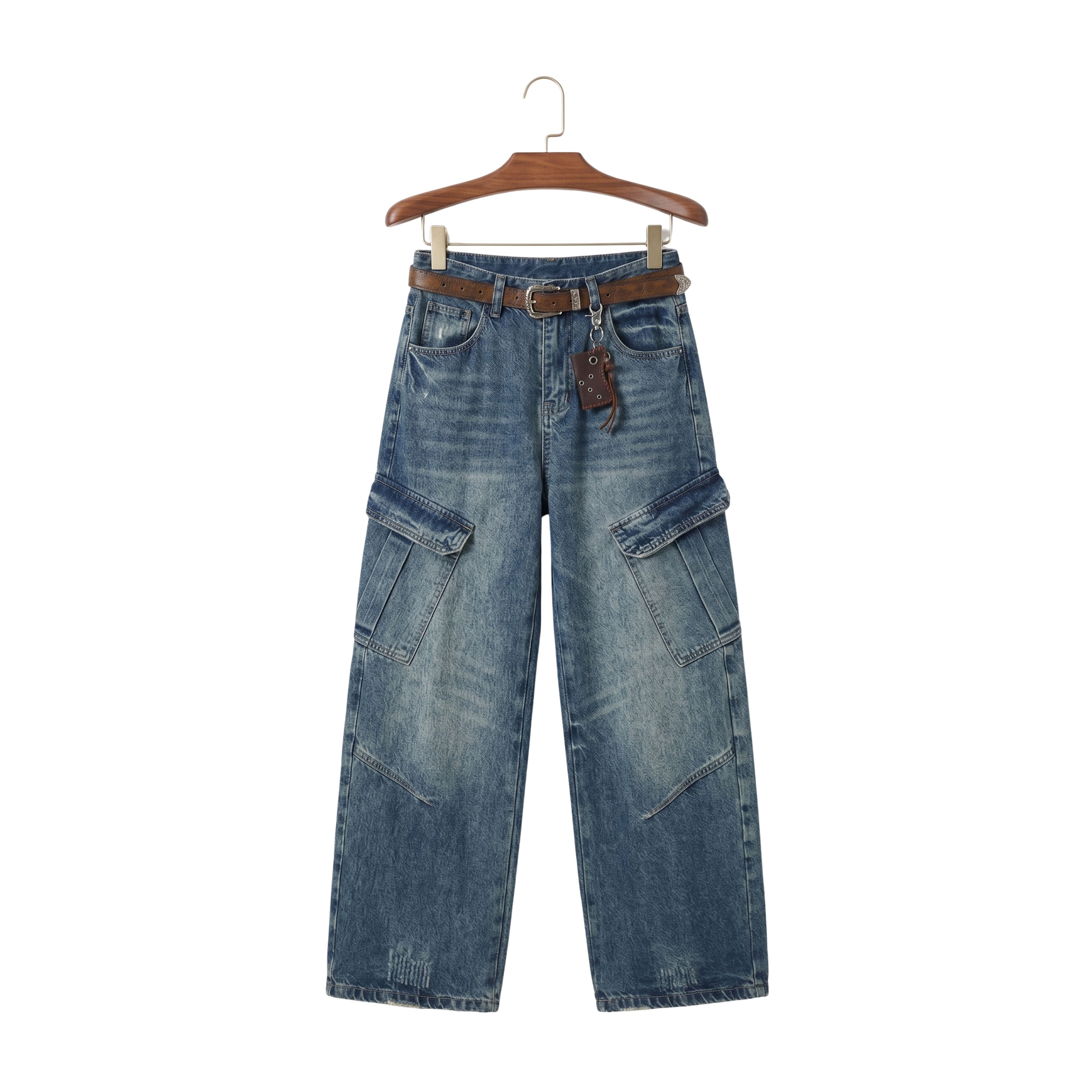 Utility style blue baggy cargo jeans with large side pockets and a high-waisted relaxed fit profile