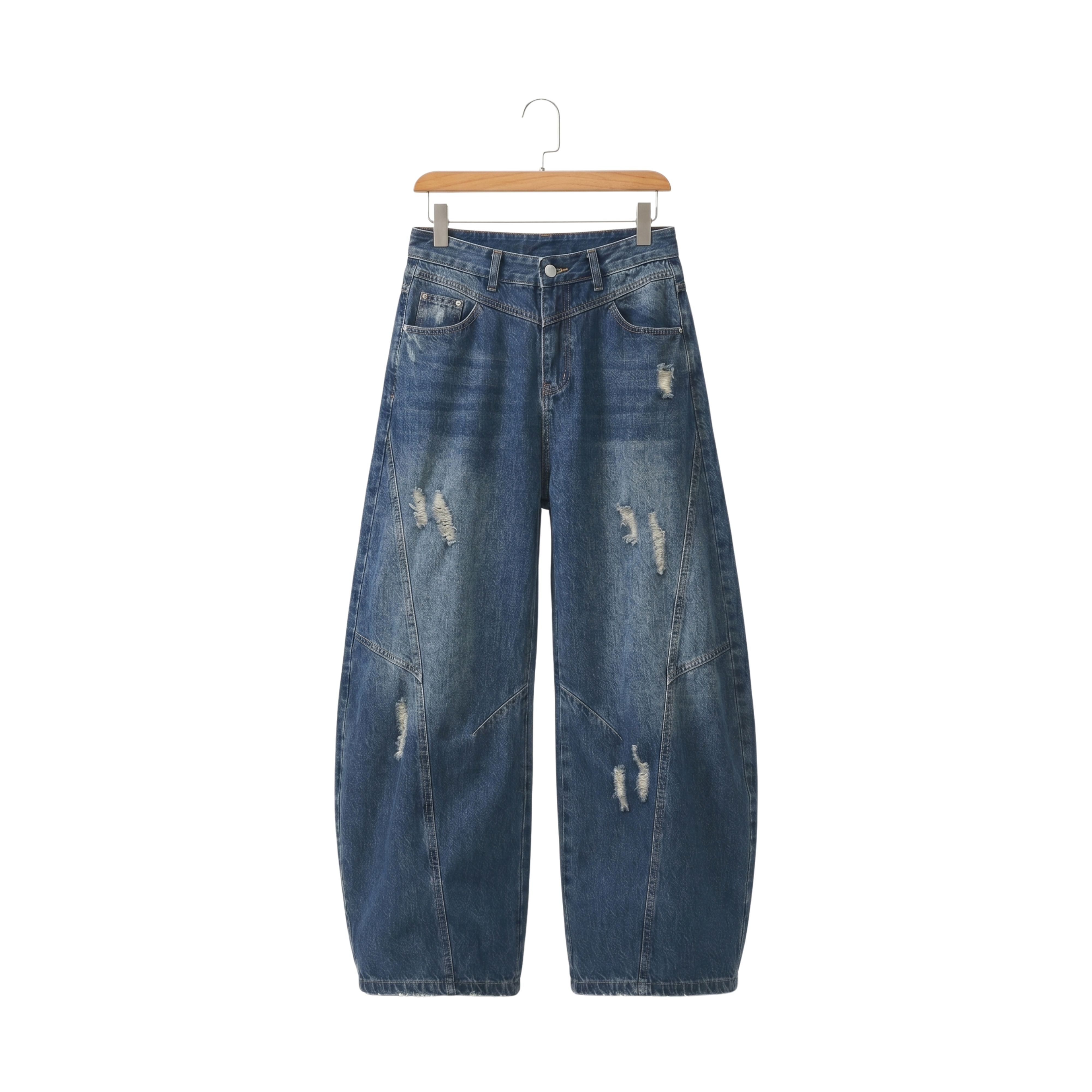 Loose fit straight-leg men's jeans in a textured medium blue wash with distressed patches and raw angular seam paneling