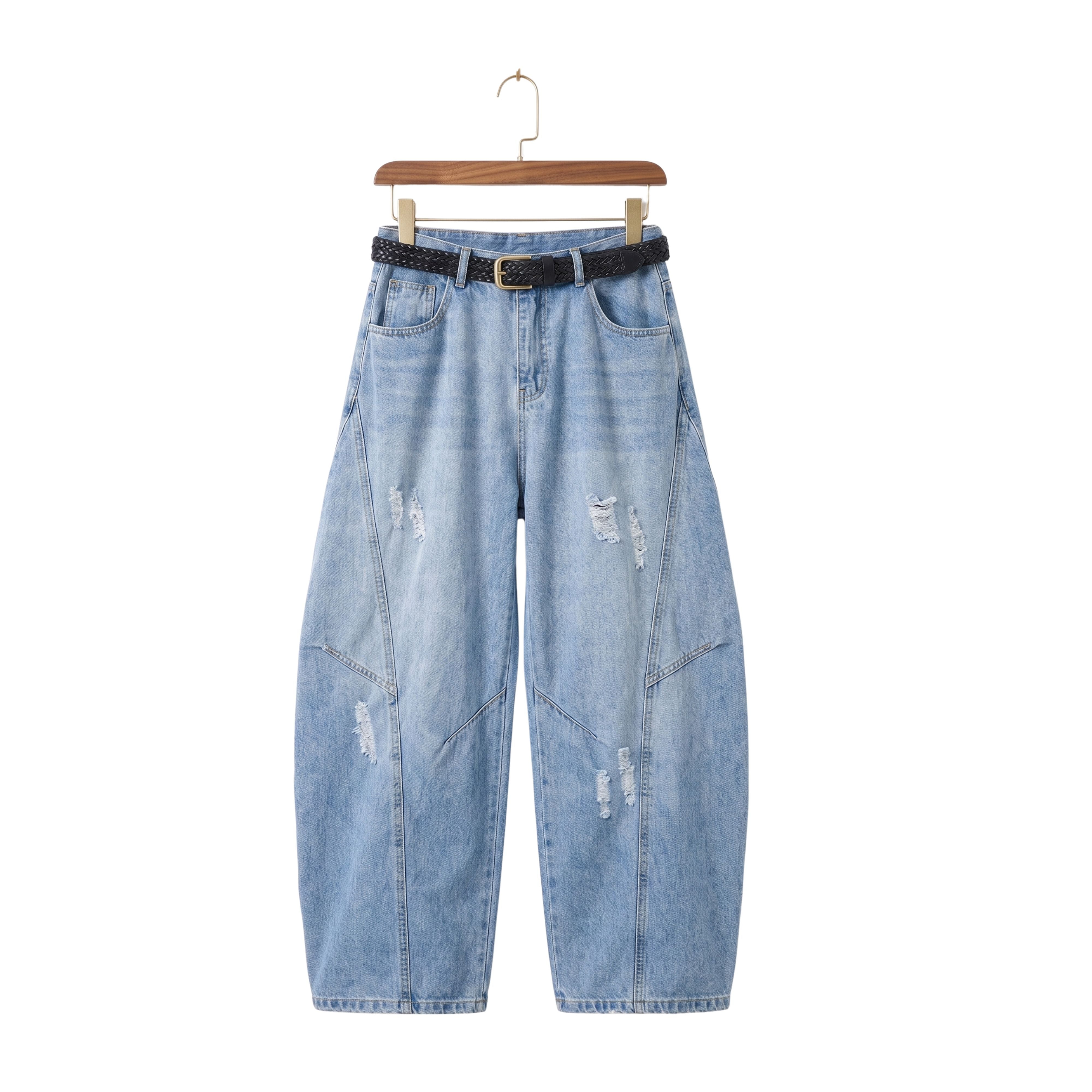 Light wash vintage wide-leg denim pants by THE CREW with subtle distressing details and a black styling belt