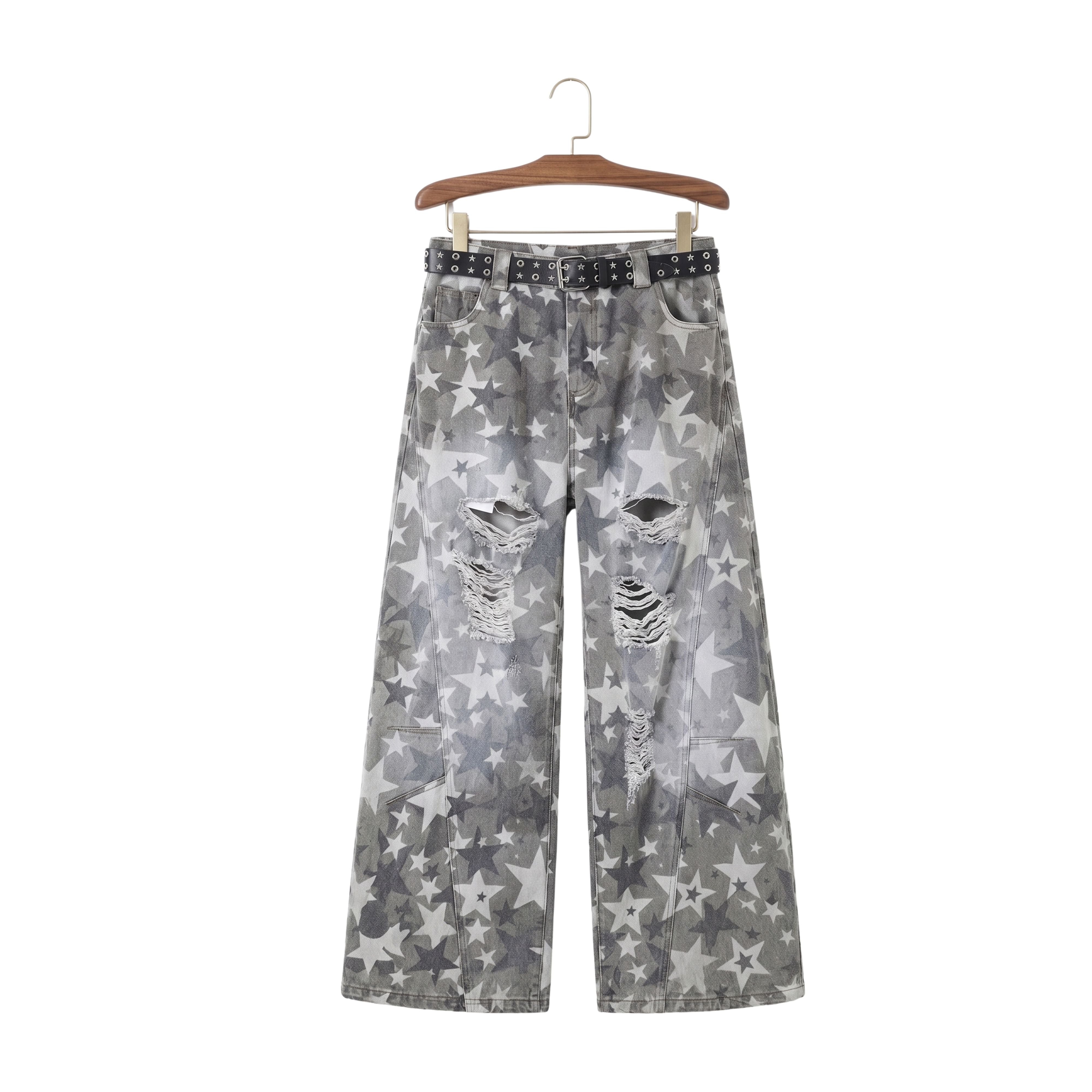 Gray oversized denim trousers featuring an all-over faded star pattern print with a rugged high-street vibe
