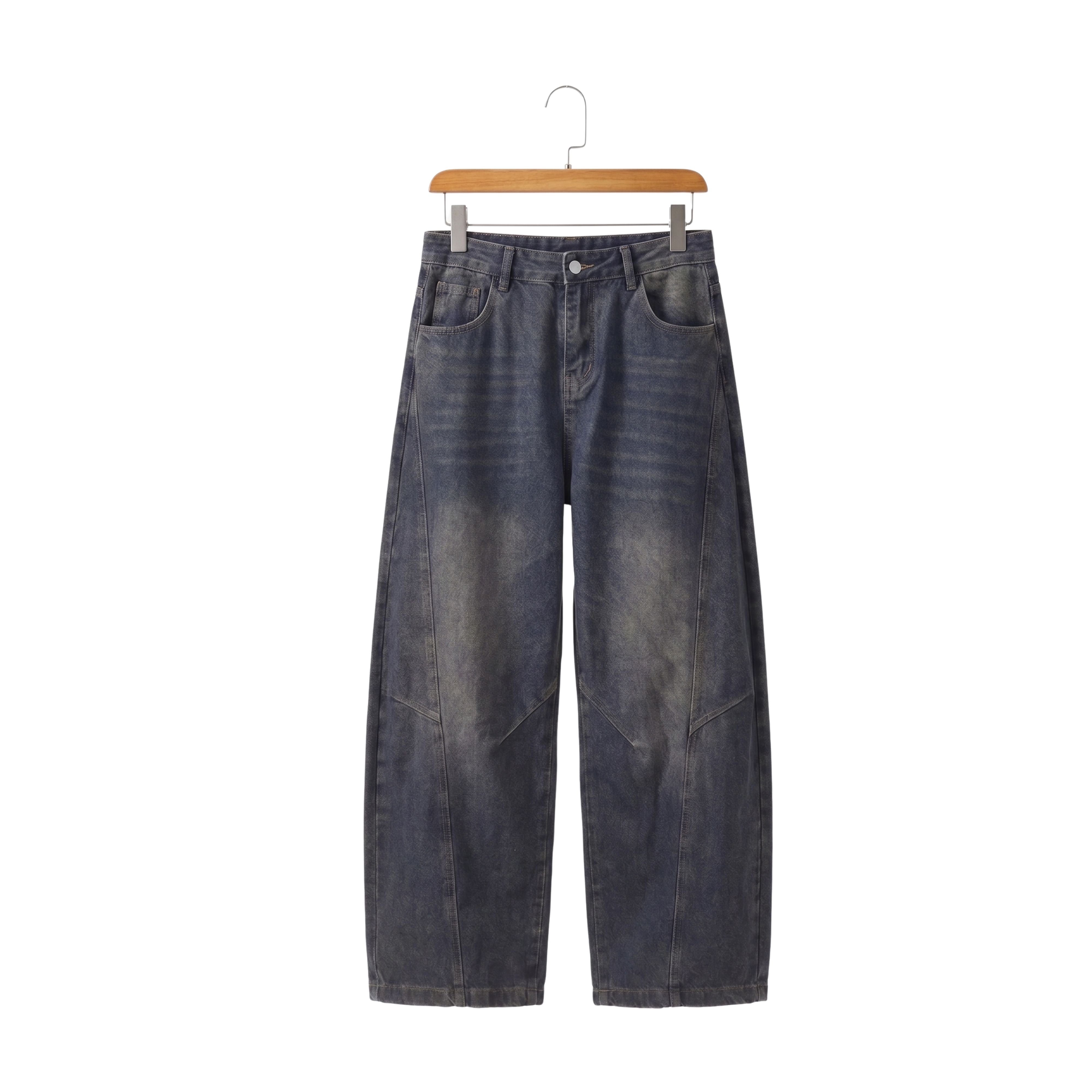 Oversized men's denim pants in a vintage faded blue wash with a clean straight drop silhouette