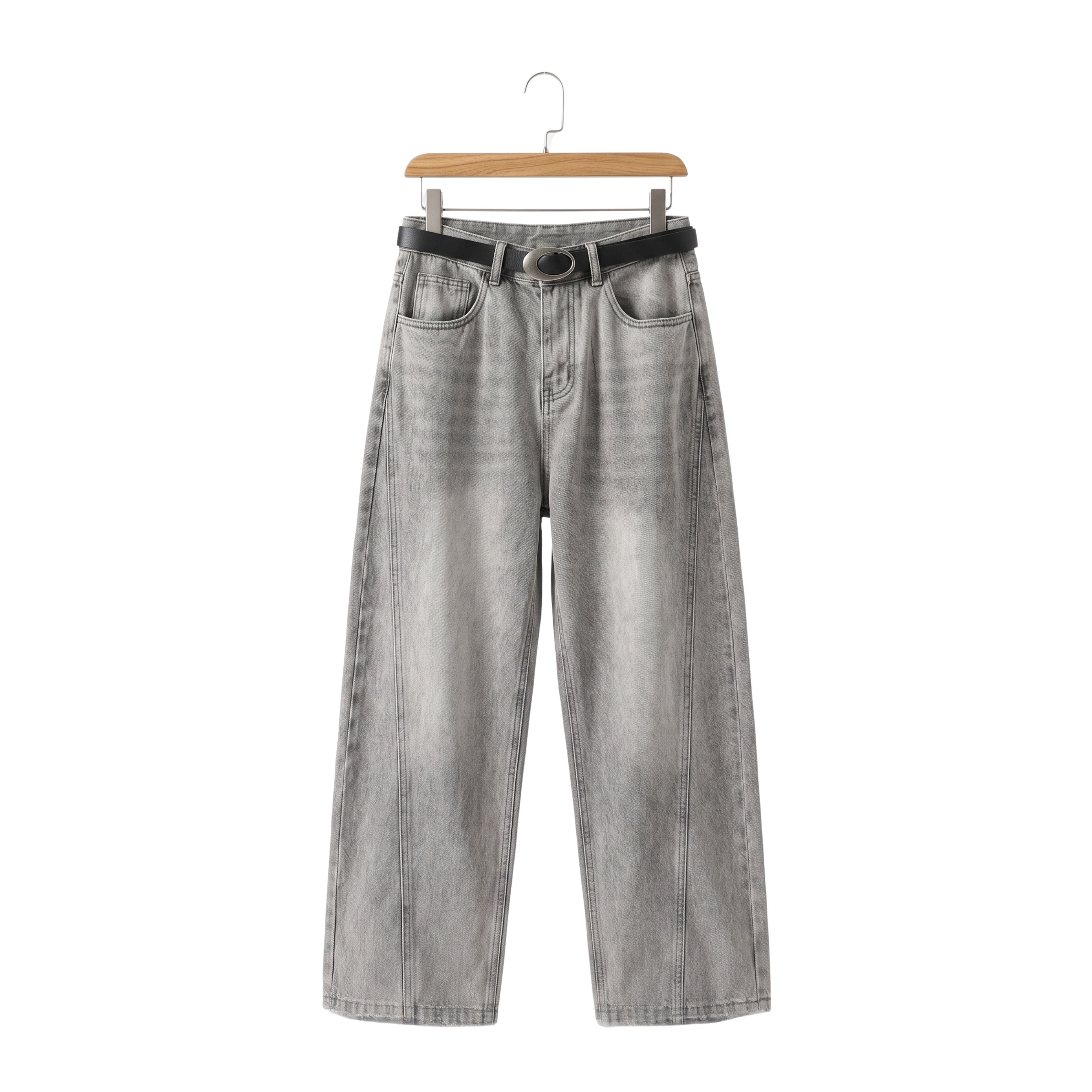 Acid washed light gray men's baggy jeans with vertical fading textures and a relaxed wide-leg straight drop