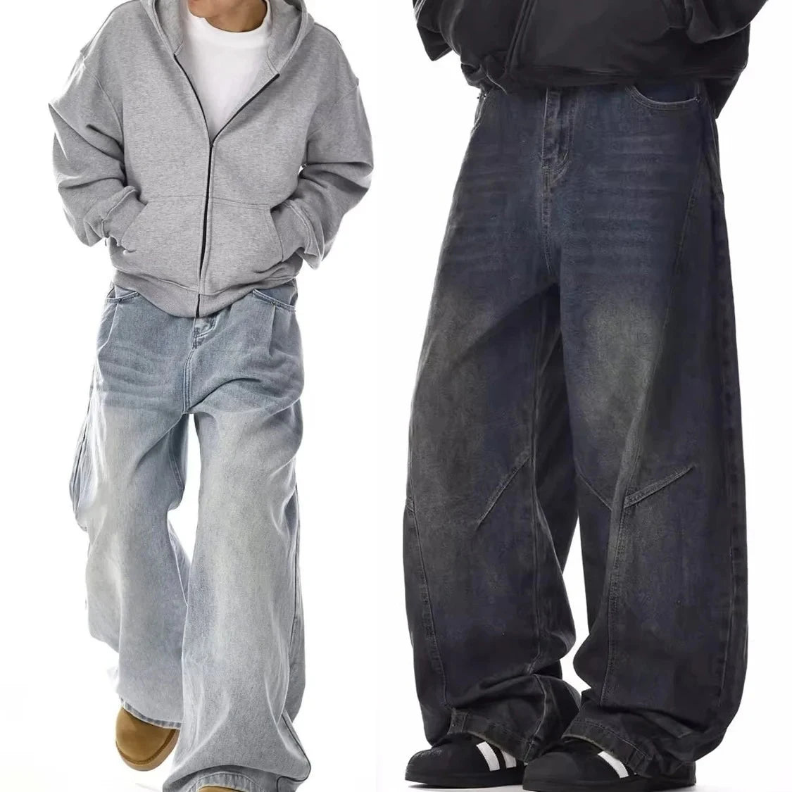 Two models showcasing THE CREW baggy denim trousers styling oversized fits in light blue and dark indigo washes