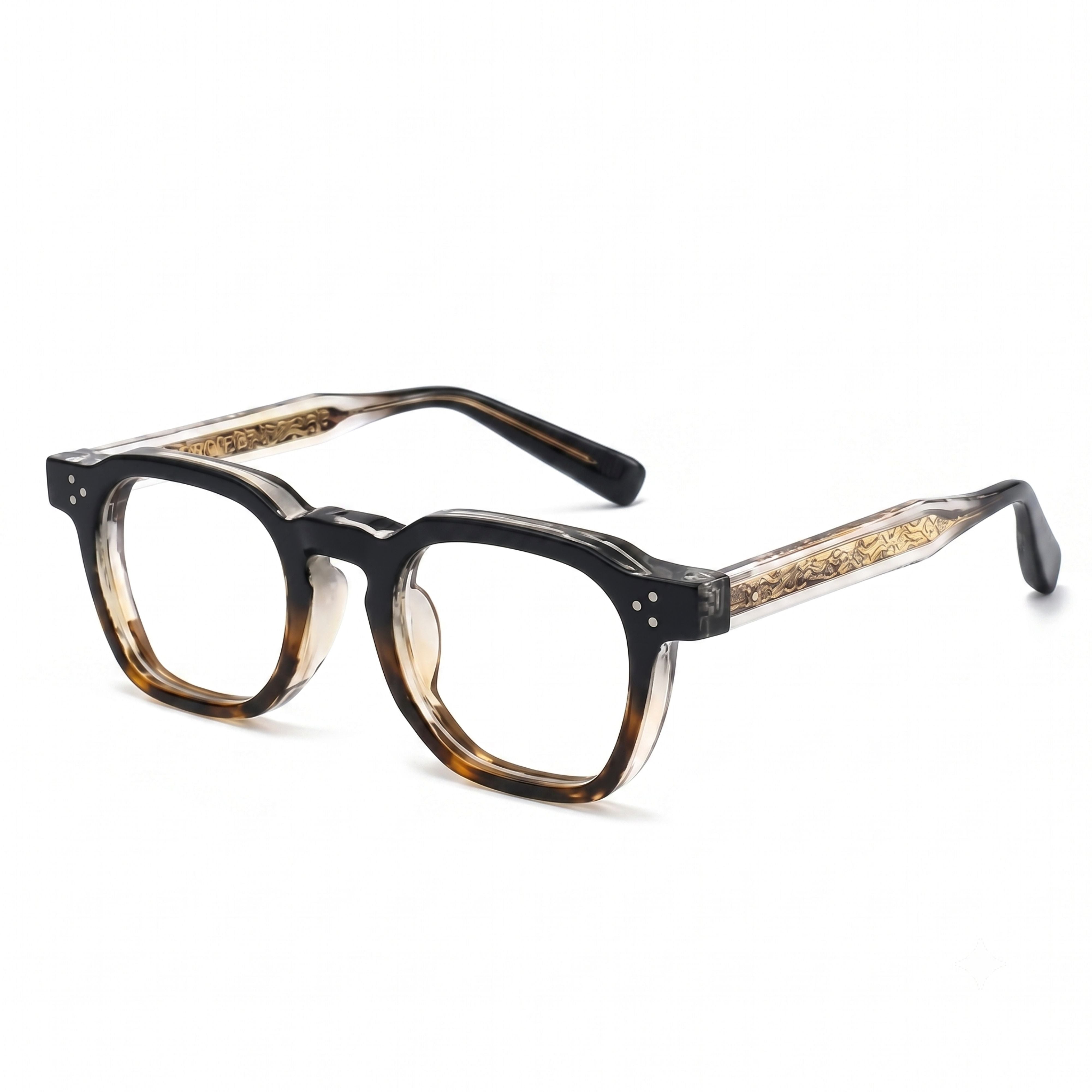 Modern thick black reading glasses with tortoiseshell details on the temples.
