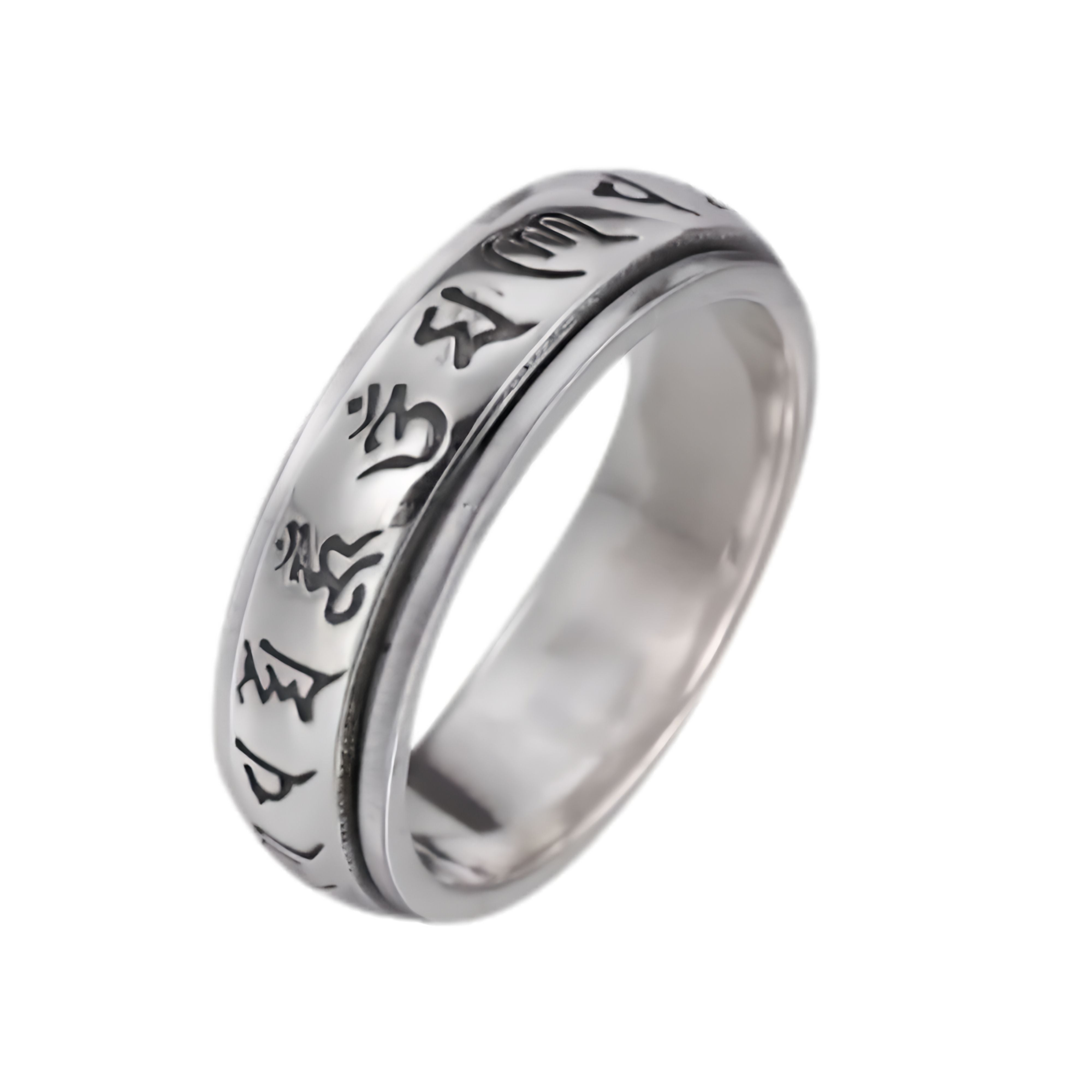 Thin silver meditation spinner ring engraved with smooth Tibetan Buddhist script.