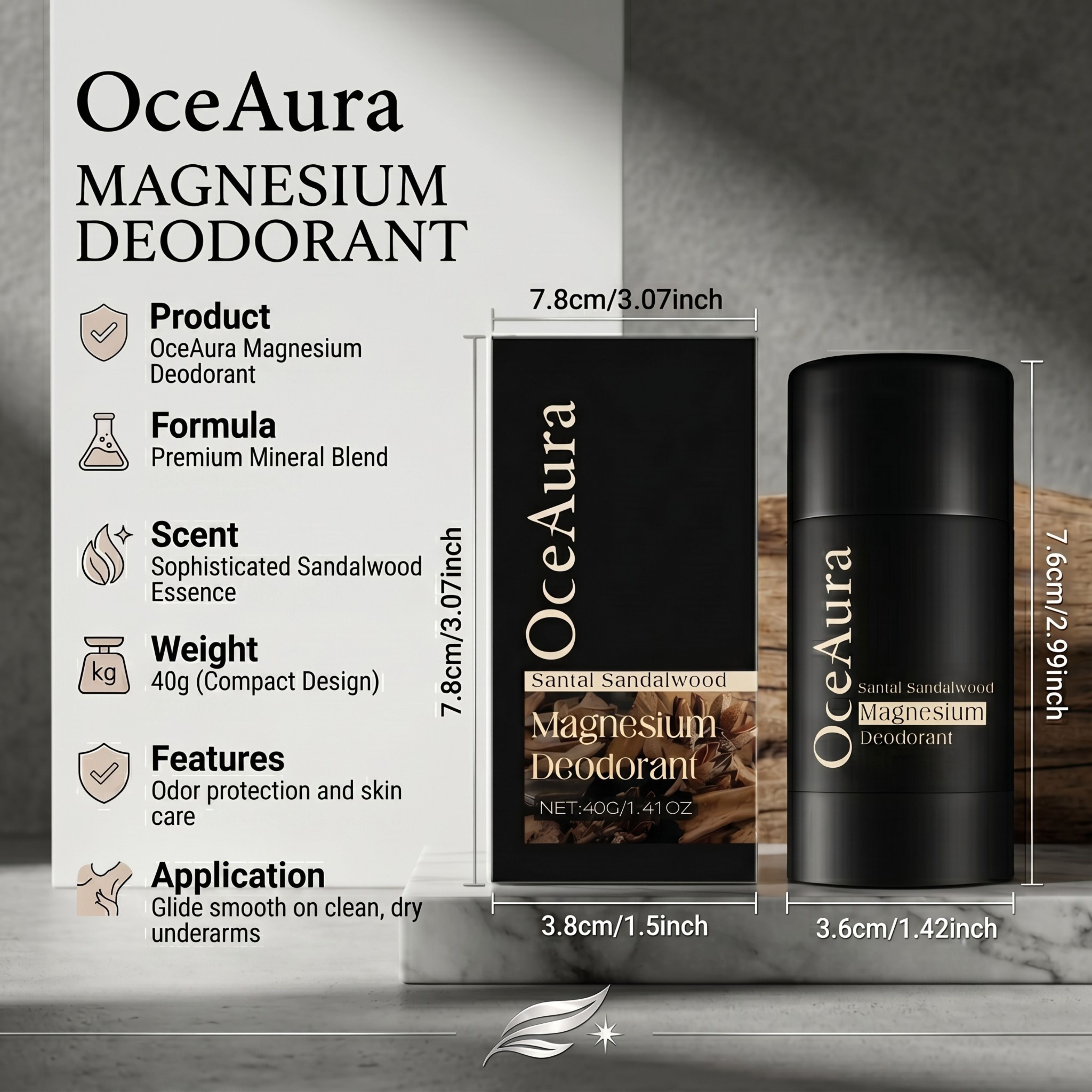 OceAura deodorant stick next to raw shea butter nuts and a white cream smear texture, highlighting easy application anywhere
