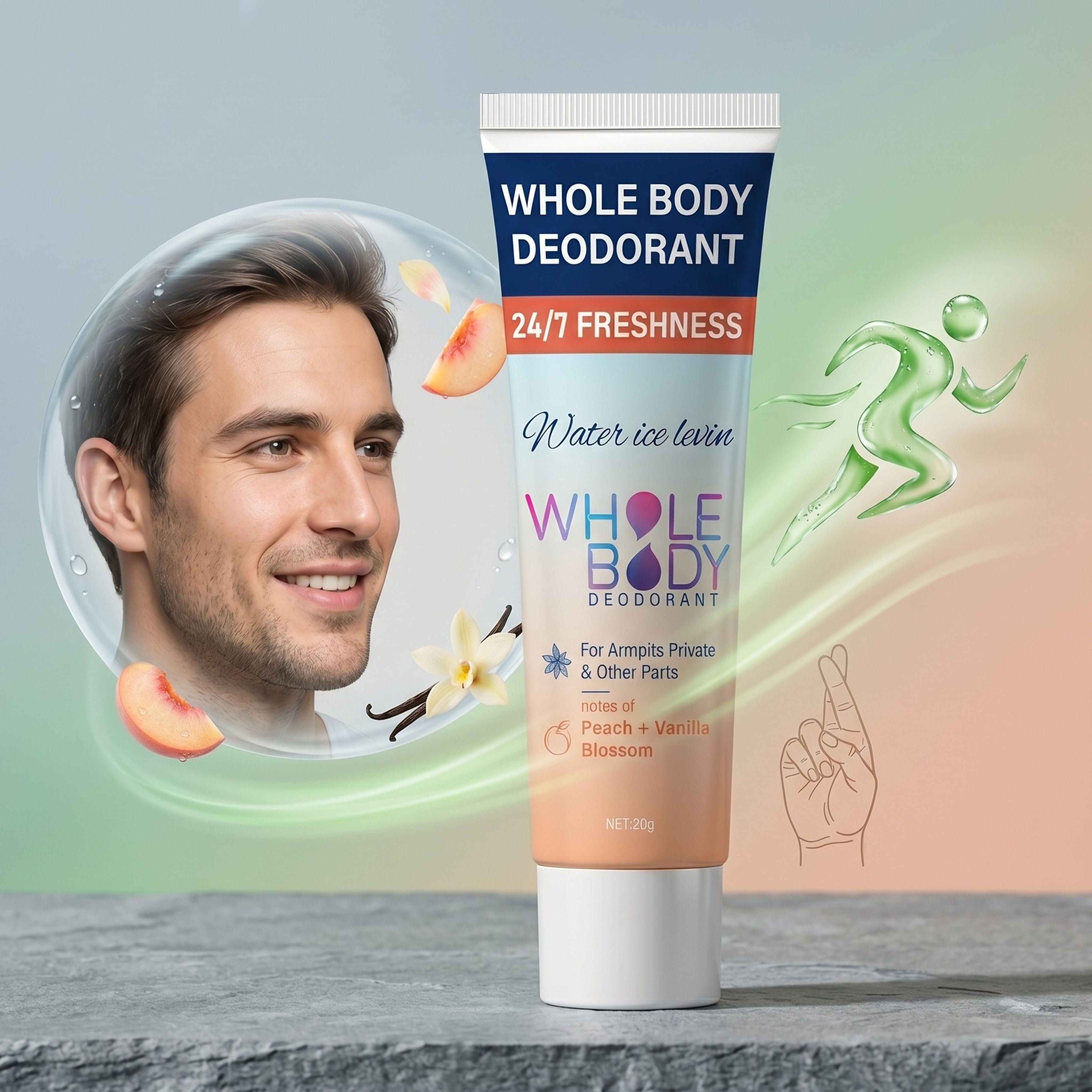 Water Ice Levin body deodorant cream next to a smiling man and a green running icon symbolizing active freshness