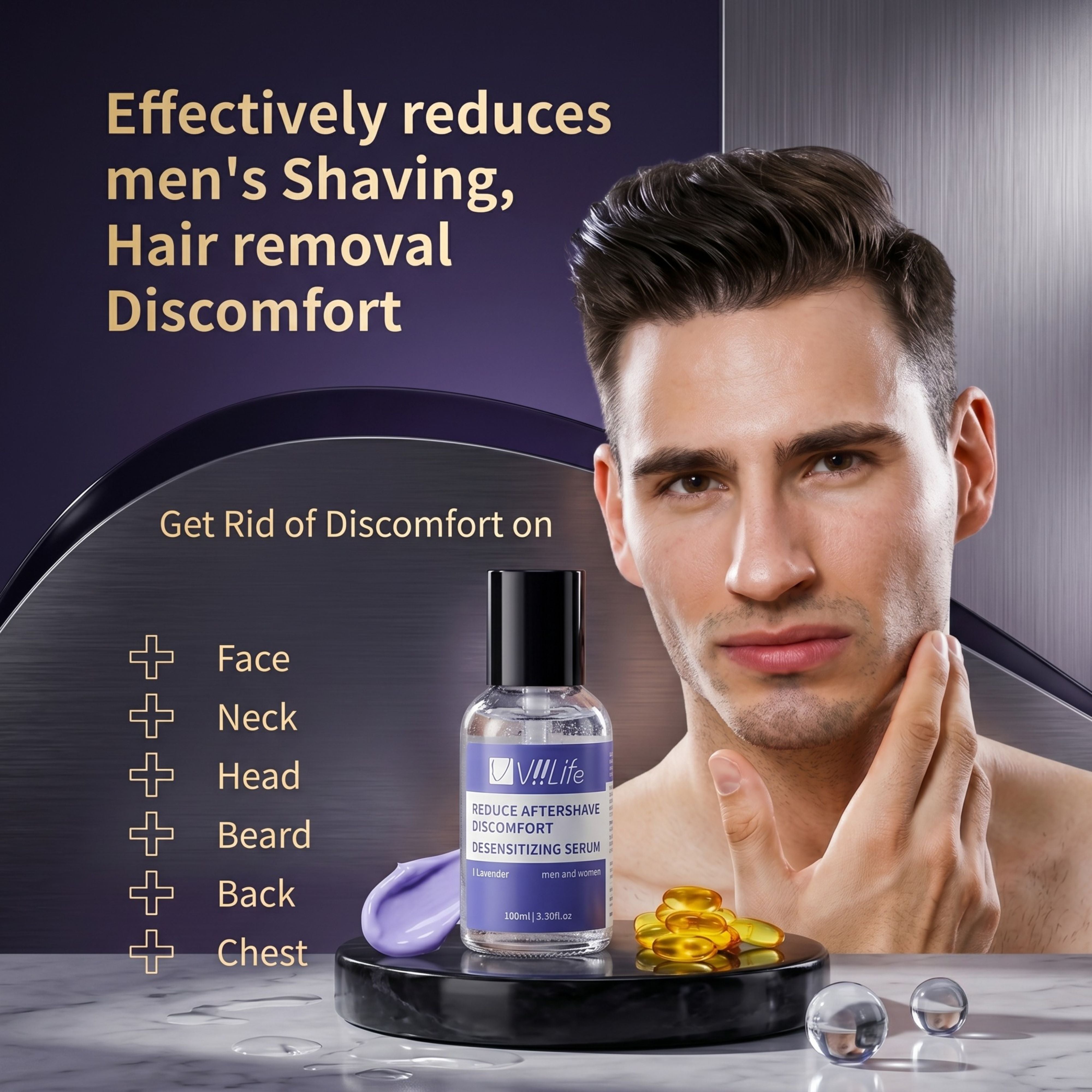 Infographic displaying a man touching his face, listing application areas for the serum including face, neck, head, beard, and back