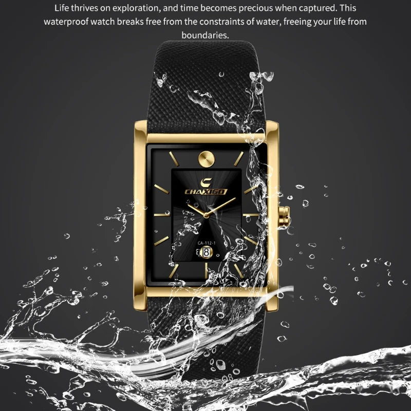 Dynamic water splash graphic demonstrating the waterproof feature of the gold rectangular men's watch with a black dial.