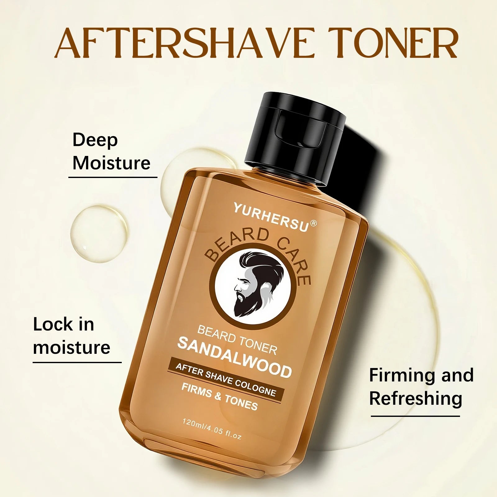 Yurhersu Sandalwood aftershave toner bottle highlighting key benefits including deep moisture, locked-in hydration, firming, and refreshing