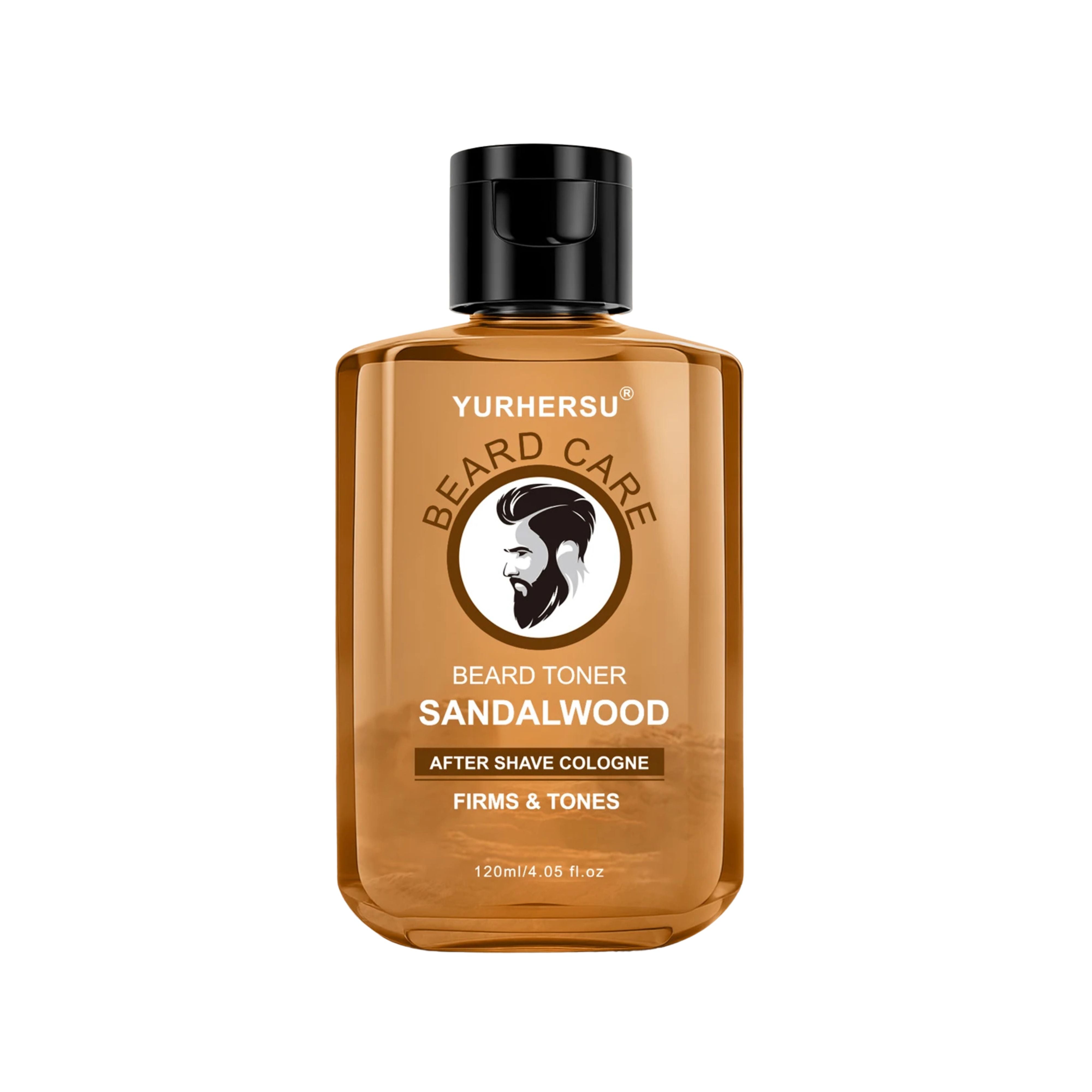120ml amber bottle of Yurhersu Sandalwood Beard Toner and After Shave Cologne designed to firm and tone skin