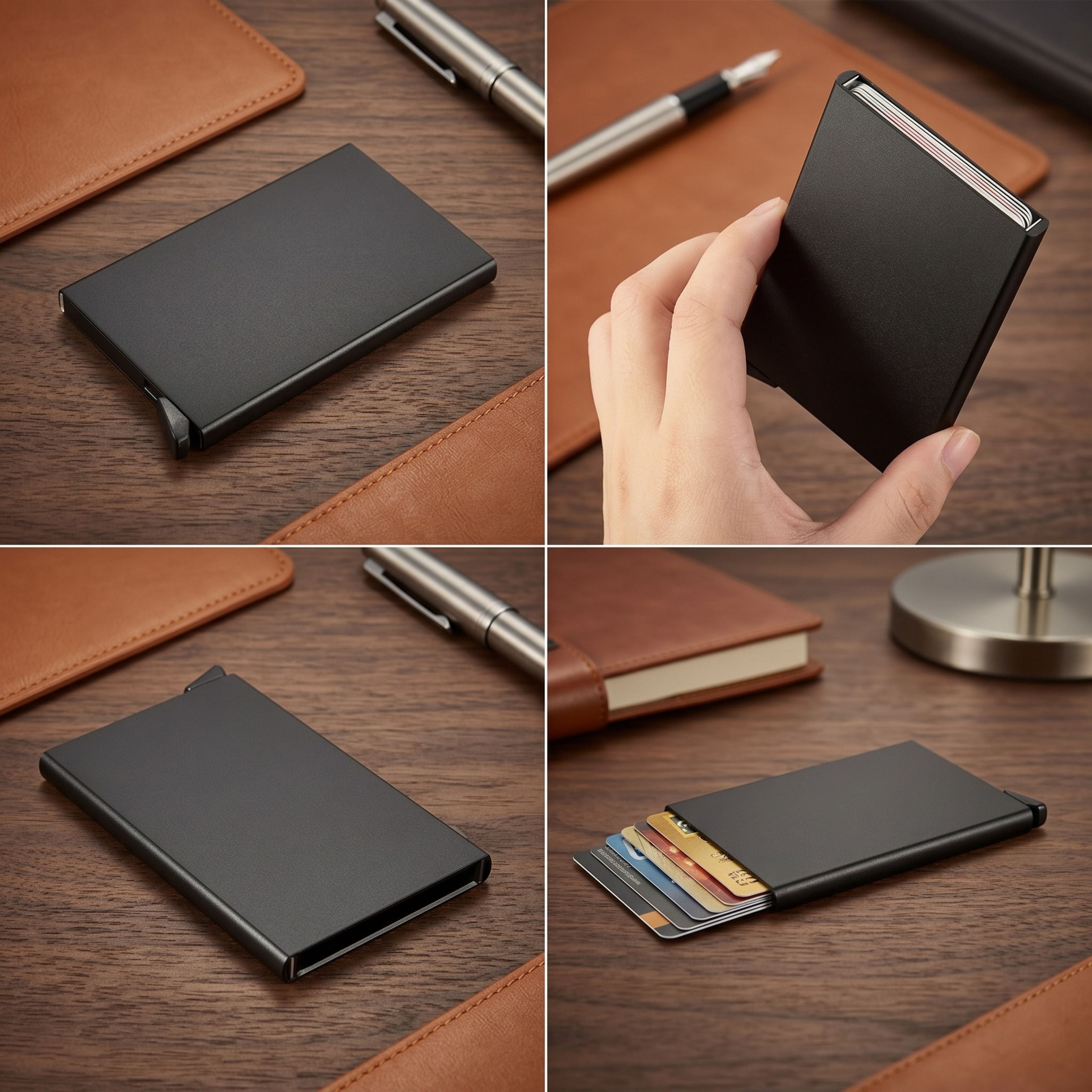 A four-quadrant product display showing the ZeAiLi sleek black card holder from multiple front, back, and loaded angles
