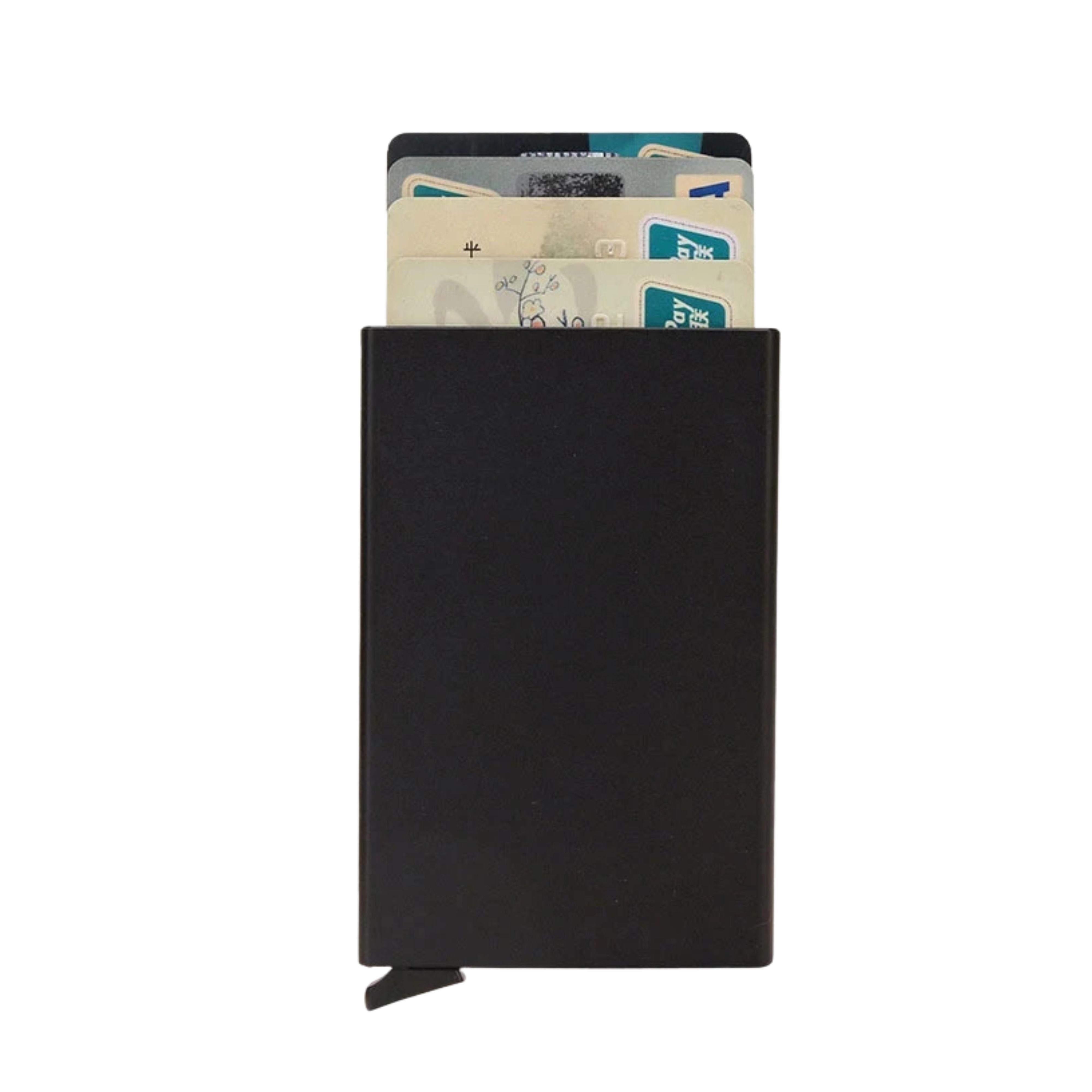 ZeAiLi sleek smart RFID pop-up wallet in stealth black with fanned-out credit cards displayed from its aluminum card holder chamber