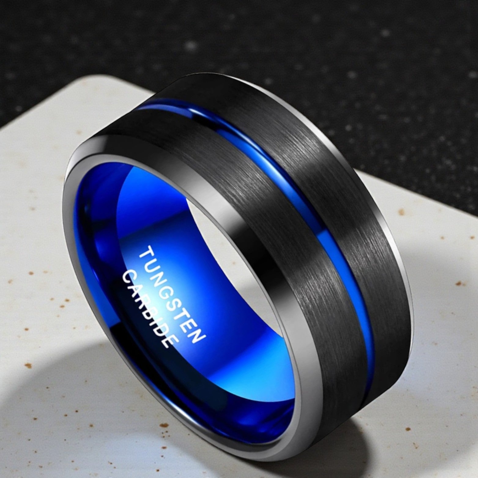 Men’s Blue Line Tungsten Carbide Wedding Ring Black - The Crew