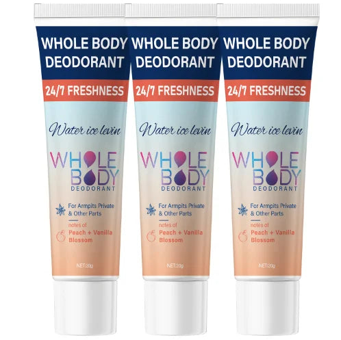 Three tubes of peach vanilla scented whole body deodorant cream for long-lasting odor protection