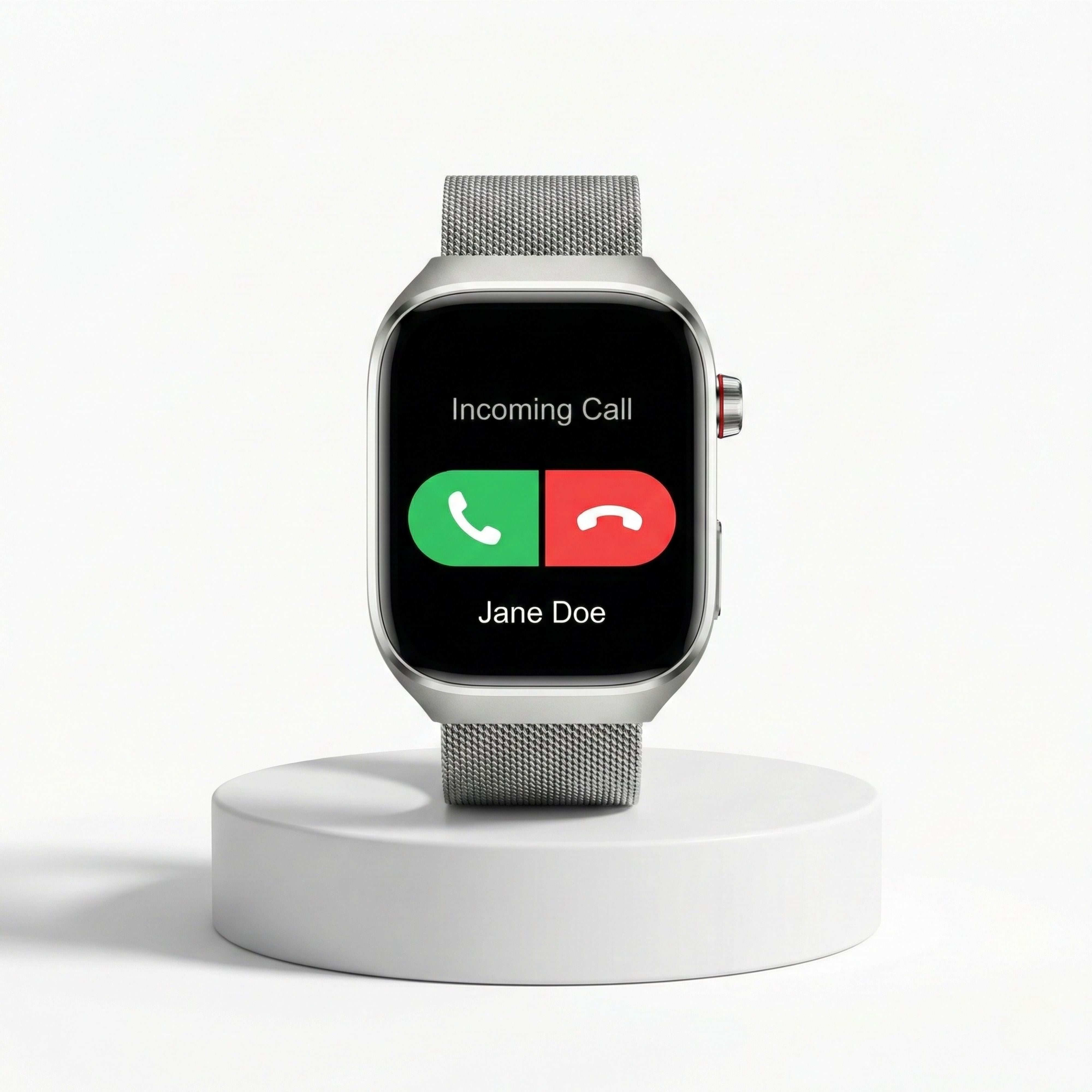 Front view of a silver smartwatch on a white podium showing an "Incoming Call" notification from "Jane Doe" with green answer and red reject icons on a black screen