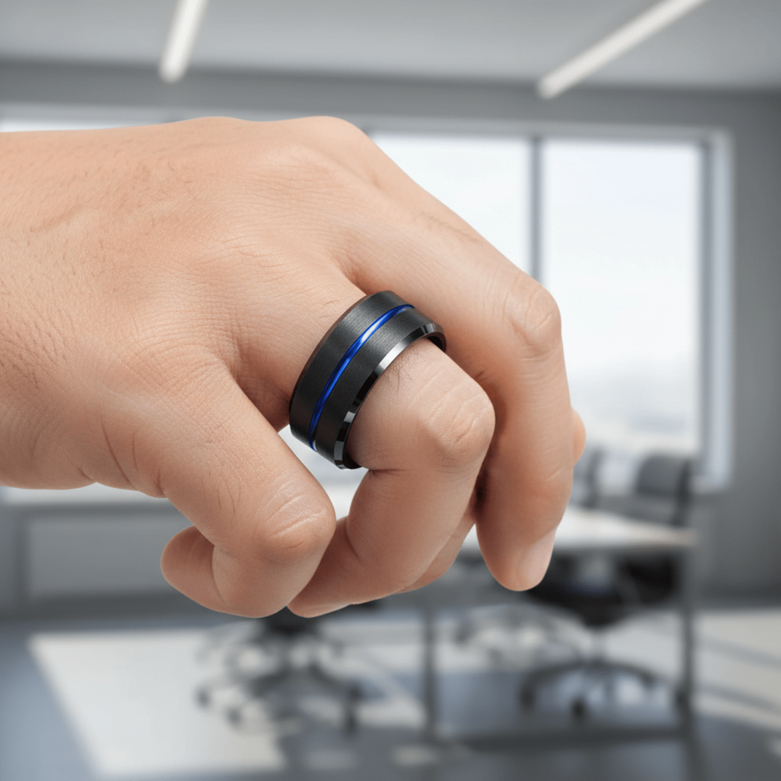 Men’s Blue Line Tungsten Carbide Wedding Ring Black - The Crew