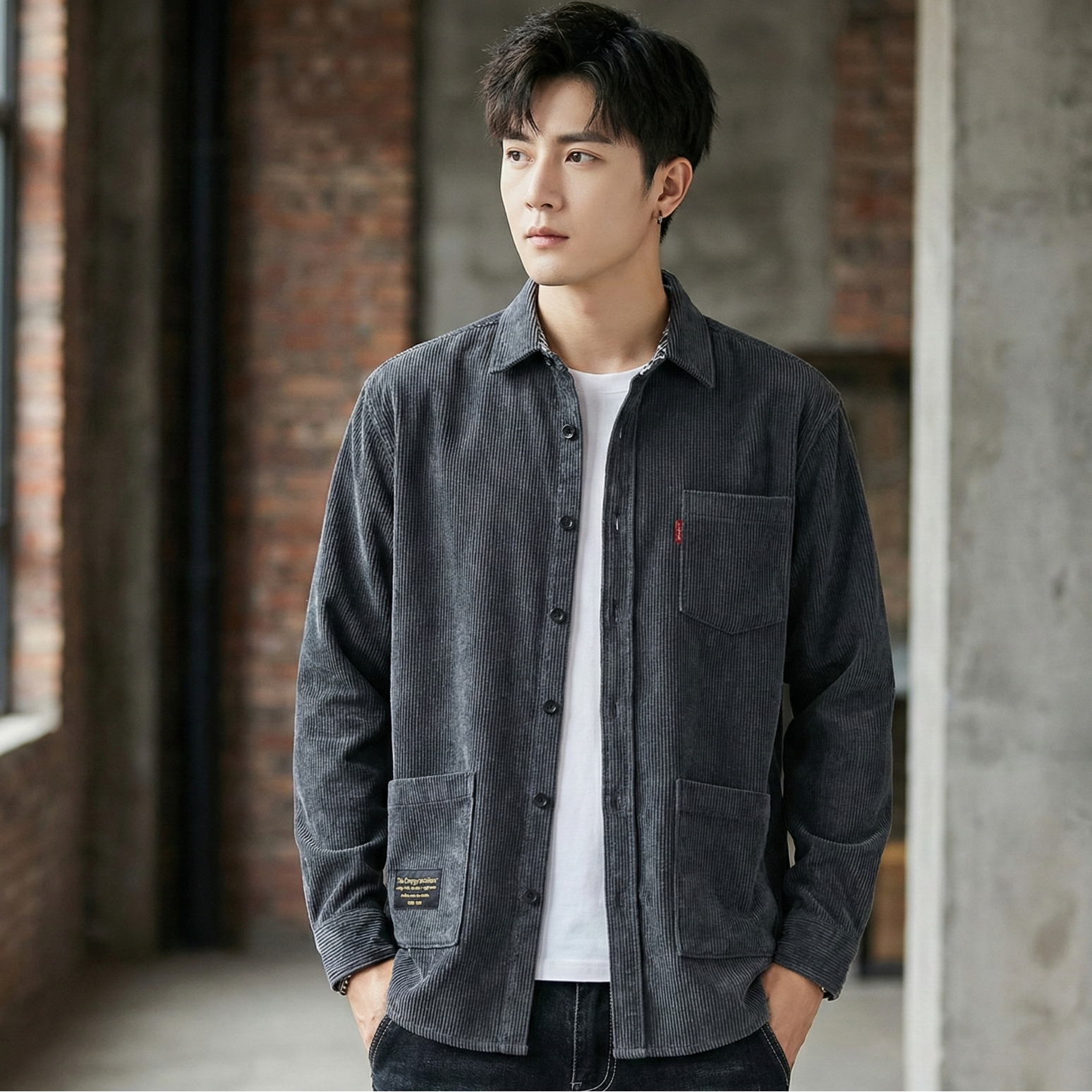 Man Wearing Gray Corduroy Workwear Shirt – The Crew
