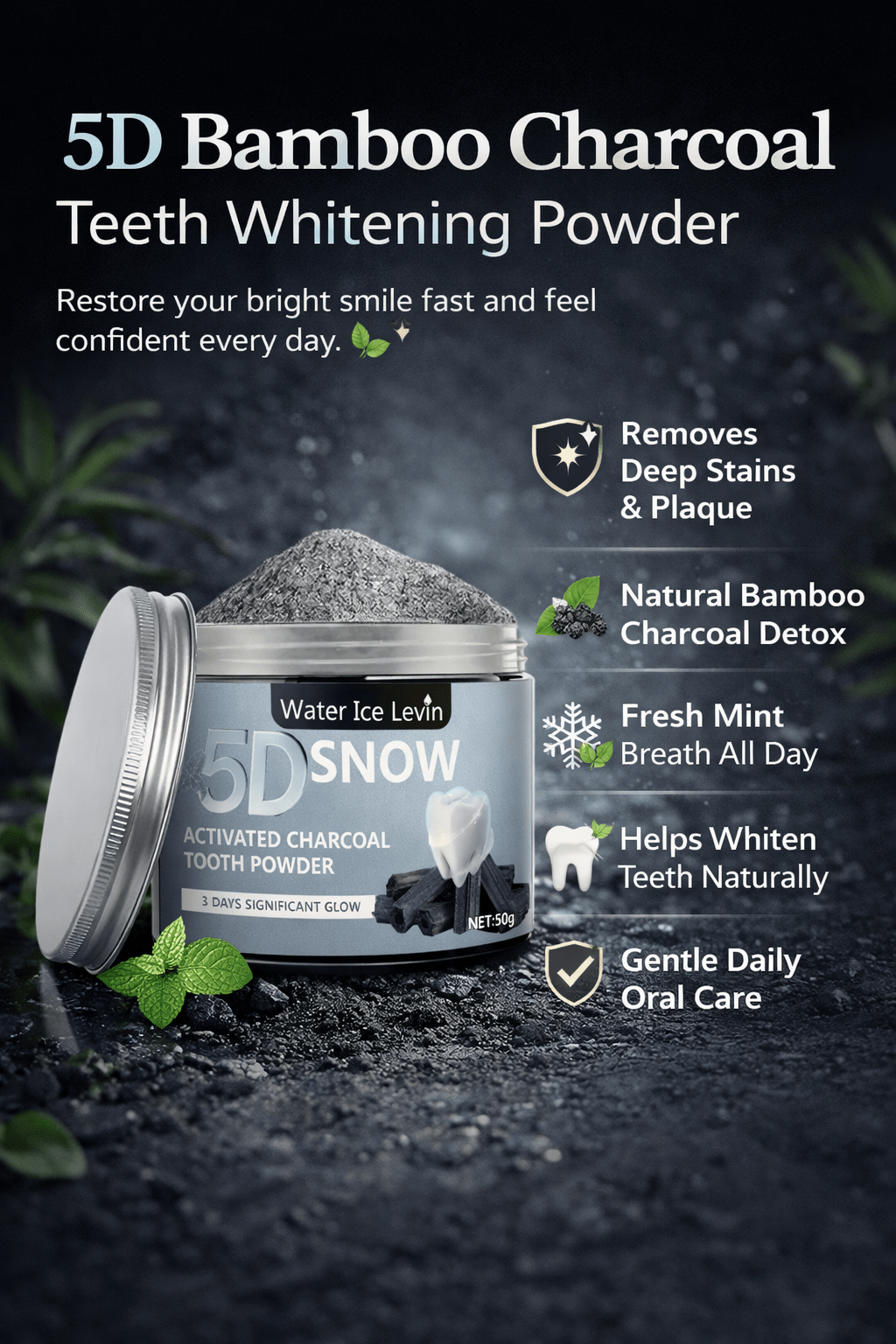 5D Bamboo Charcoal Teeth Whitening Powder Deep Clean - The Crew