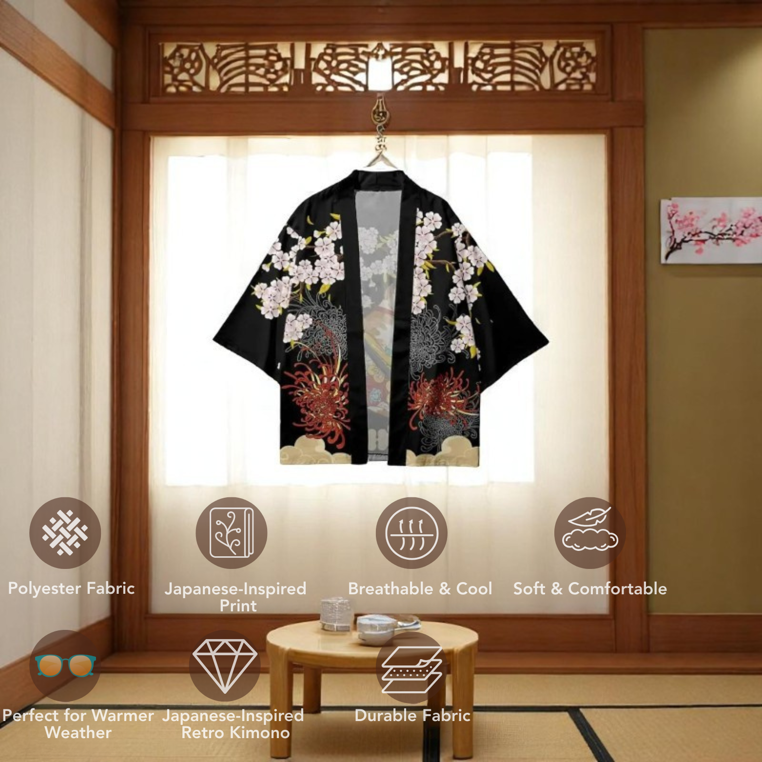 3D Cat and Flowers Kimono Shirt