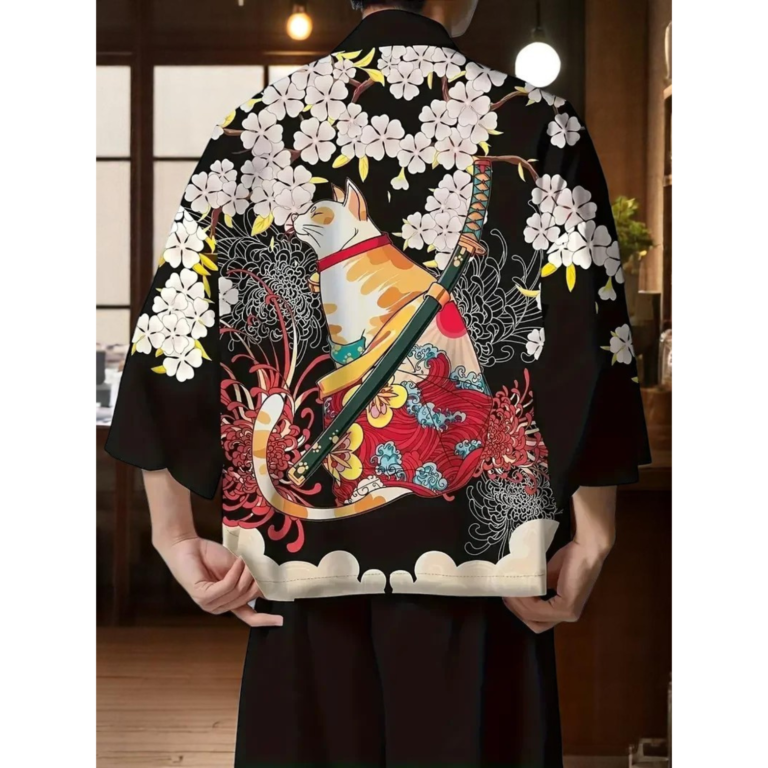 3D Cat and Flowers Kimono Shirt