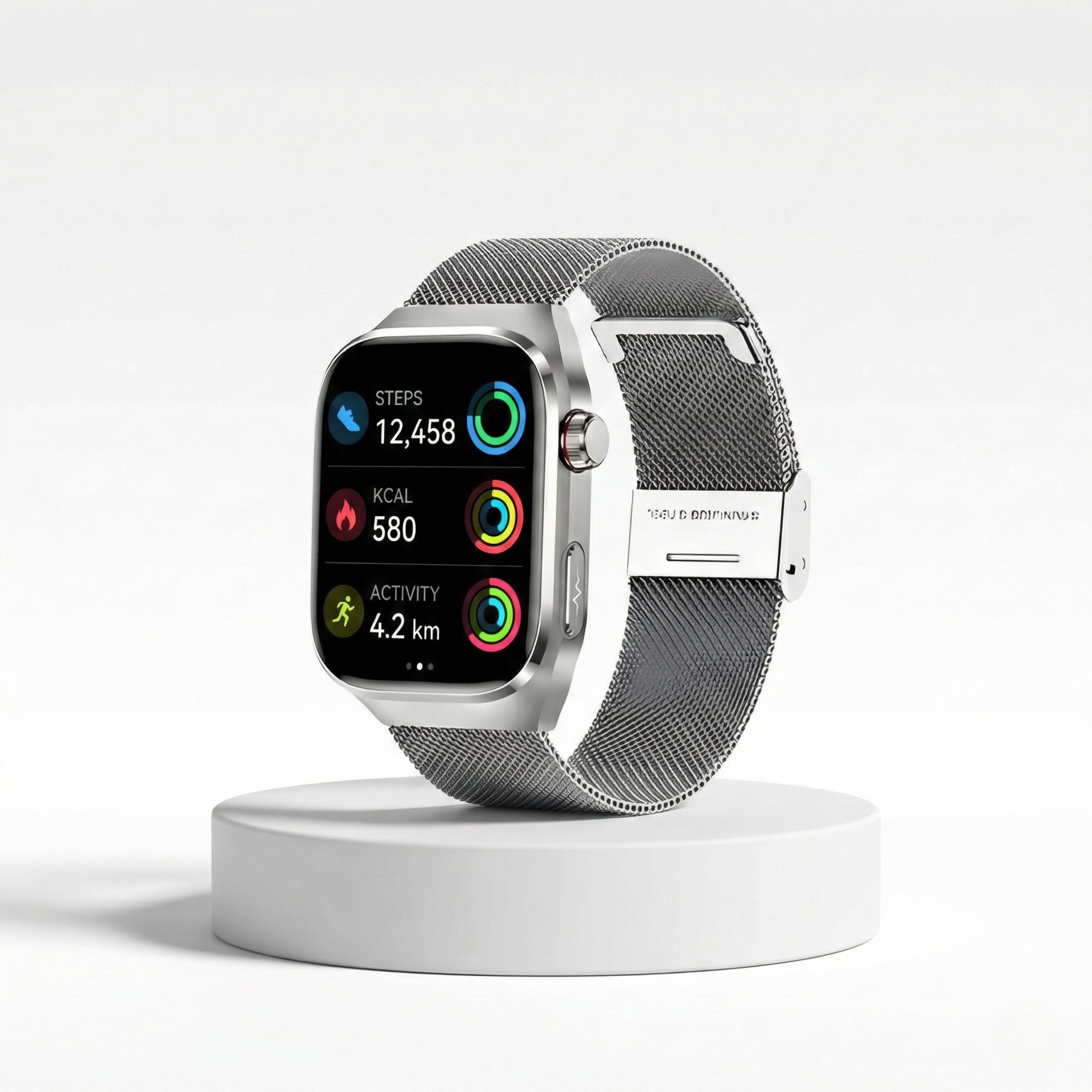Silver smartwatch on a white circular base showing a fitness activity screen with three rings for steps (12,458), calories (580 kcal), and distance (4.2 km). The watch features a premium metallic mesh strap
