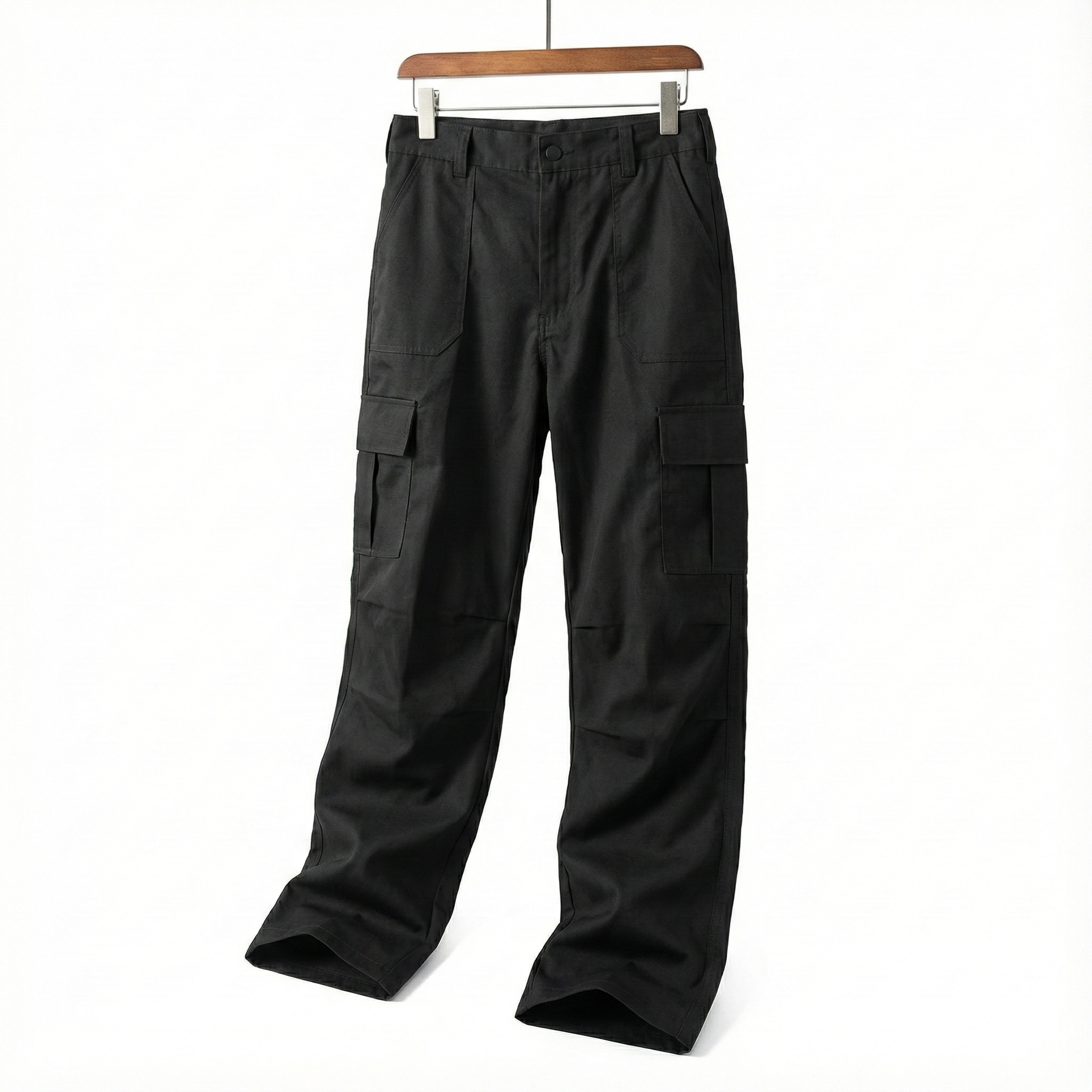 Black tactical cargo pants front hanging – The Crew