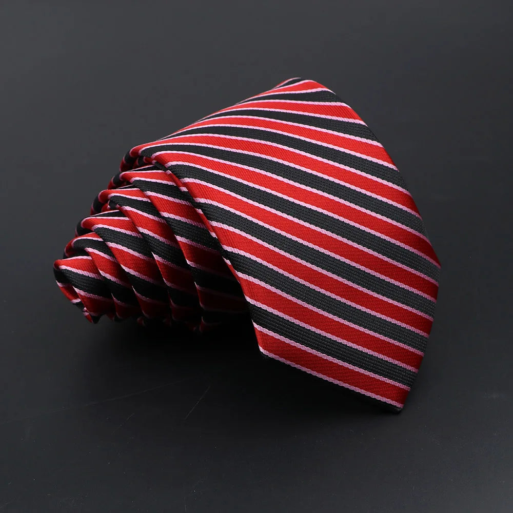 Red and black striped men’s tie power outfit – The Crew