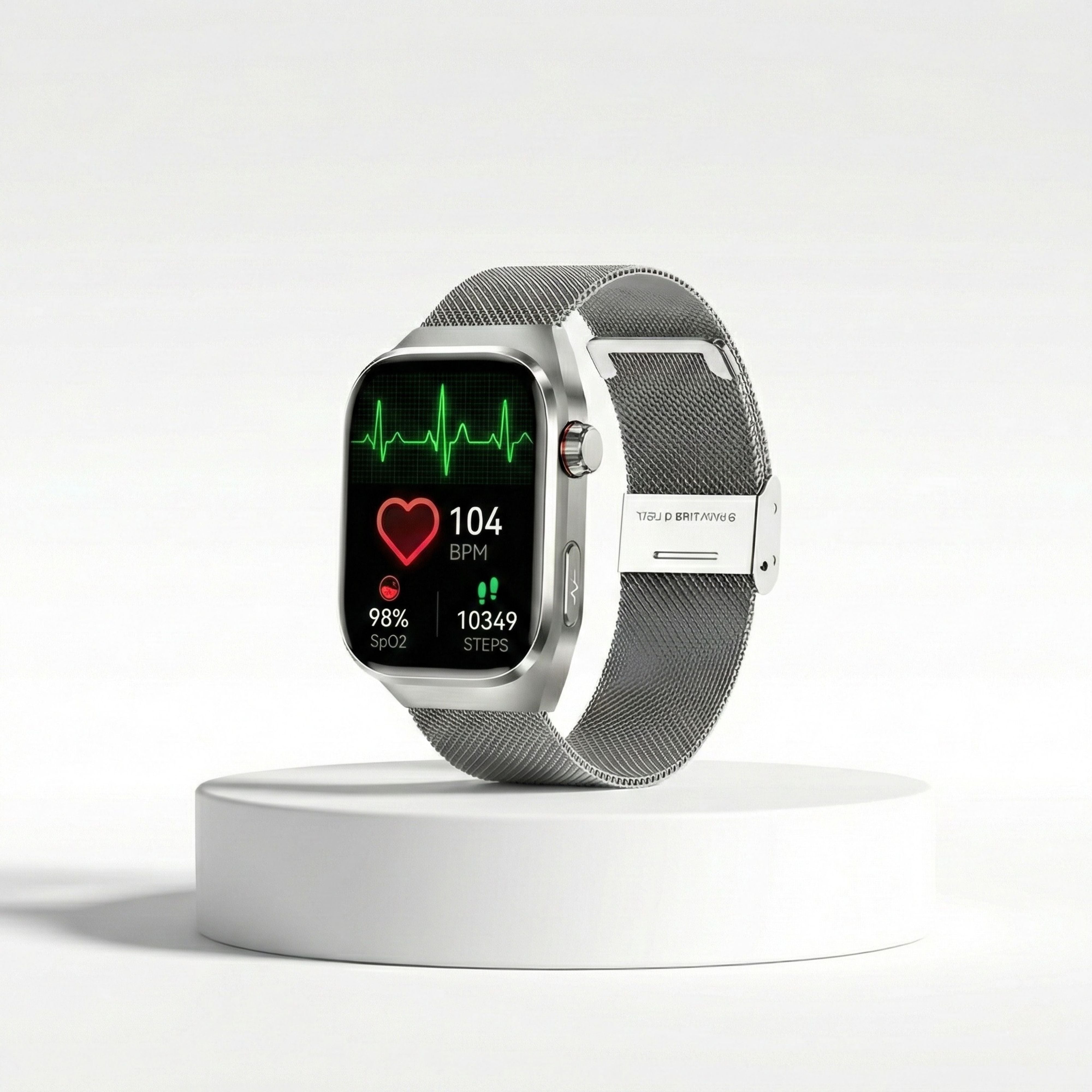 Professional studio shot of a silver smartwatch with a Milanese mesh strap on a white pedestal. The screen displays active health metrics: a green ECG heart rhythm wave, heart rate of 104 BPM, 98% SpO2 oxygen levels, and 10,349 steps