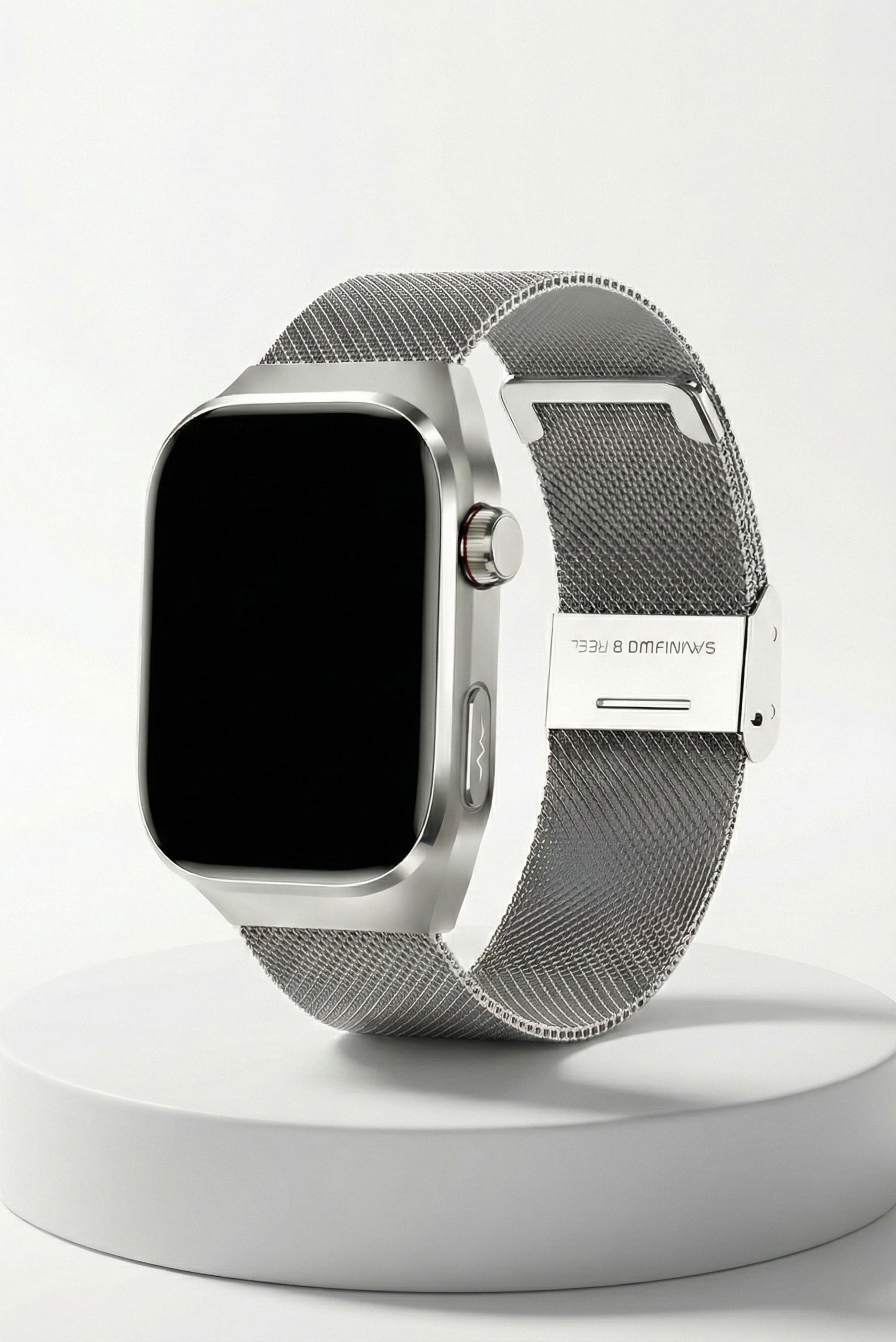Side view of a silver smart watch with a matte metallic case and a stainless steel