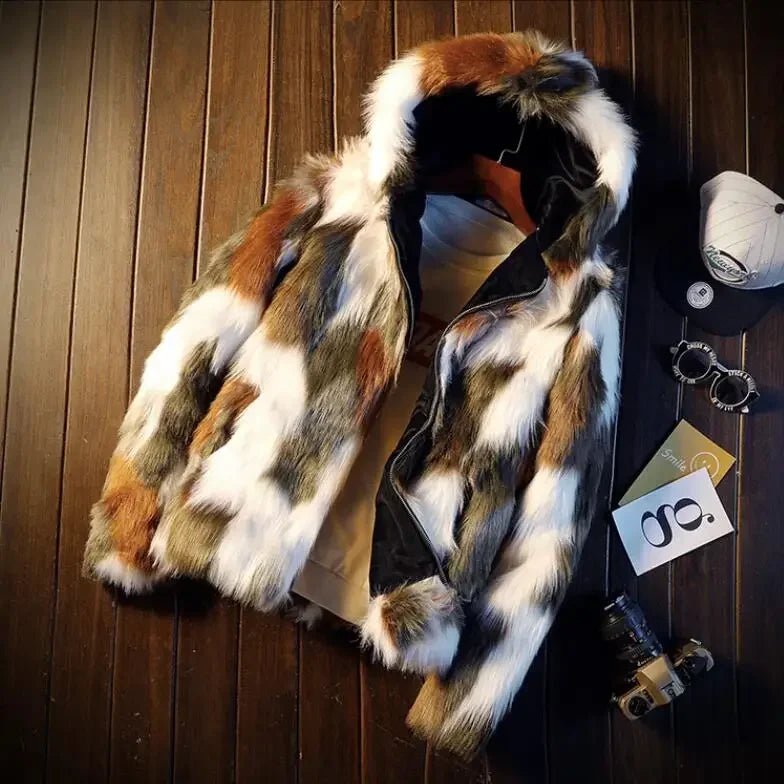 Thick Faux Fox Fur Coat with Hood