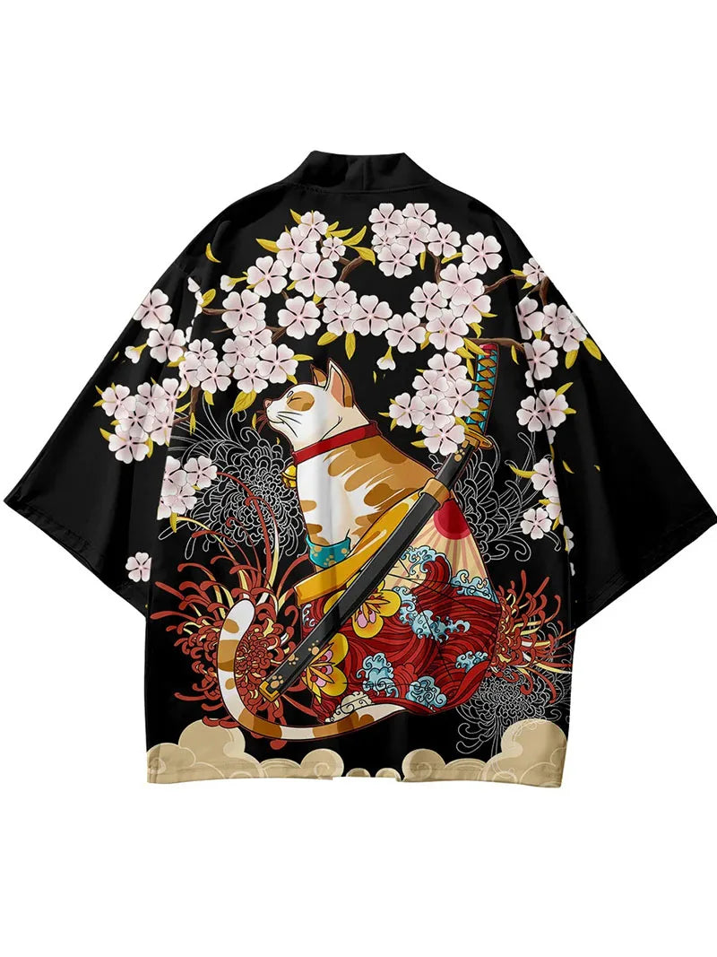 3D Cat and Flowers Kimono Shirt