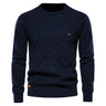 Men’s Navy Diamond Knit Cotton Sweater Front View – The Crew