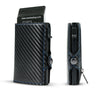 CaseKey premium black carbon fiber pop-up smart wallet featuring vibrant blue accent stitching, a side mechanical trigger, and a matching zippered leather back sleeve