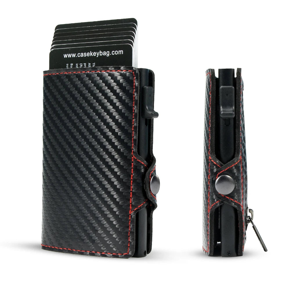 Front and side profile views of the CaseKey smart wallet in textured black carbon fiber detailed with contrast red stitching and a black zipper pull