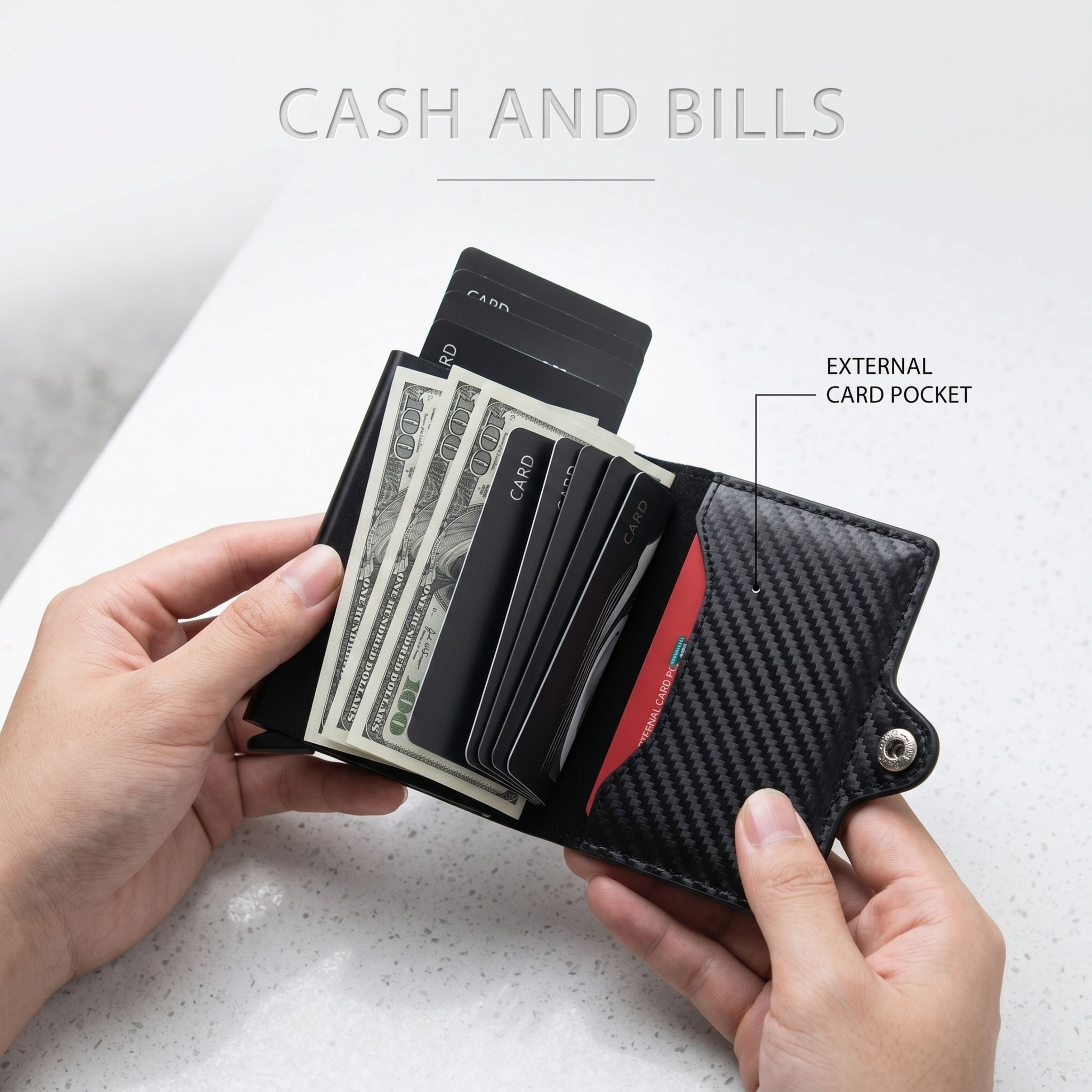 Hands holding the CaseKey wallet completely unclasped and opened, showcasing the deep note compartment filled with paper cash bills, card slots, and an ID window