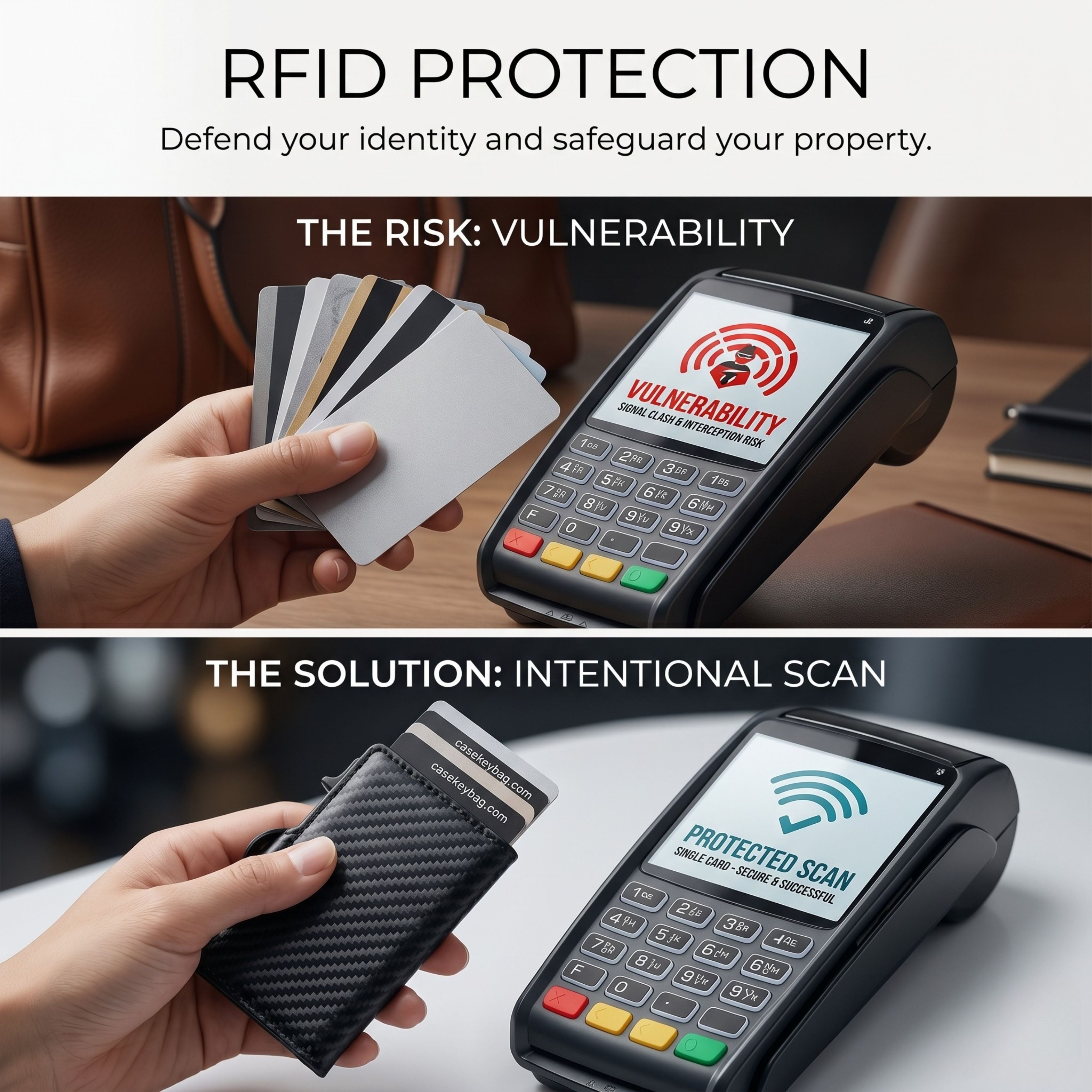 An RFID Protection data security graphic comparing a vulnerable unprotected card scanning risk against the protected secure swipe solution using the CaseKey wallet
