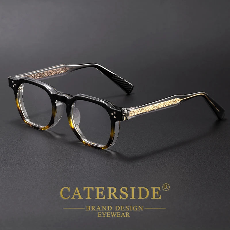 Thick black and tortoiseshell Caterside eyeglass frames elegantly displayed on a dark surface.