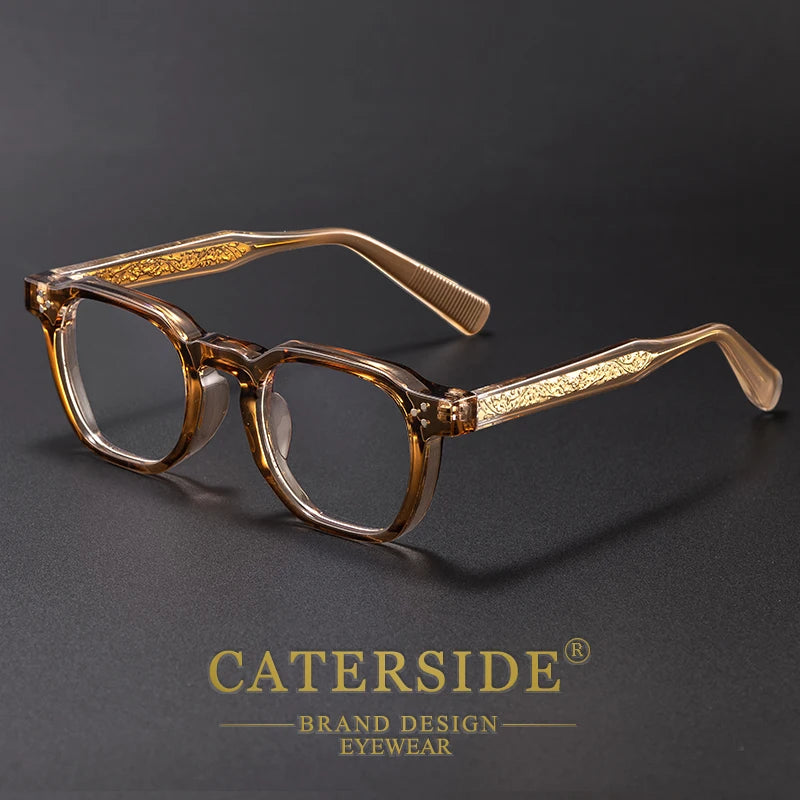 Classic brown tortoiseshell Caterside optical glasses resting on a dark grey surface.