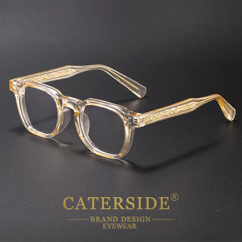 Crystal yellow acetate Caterside optical frames with textured temples on a dark background.