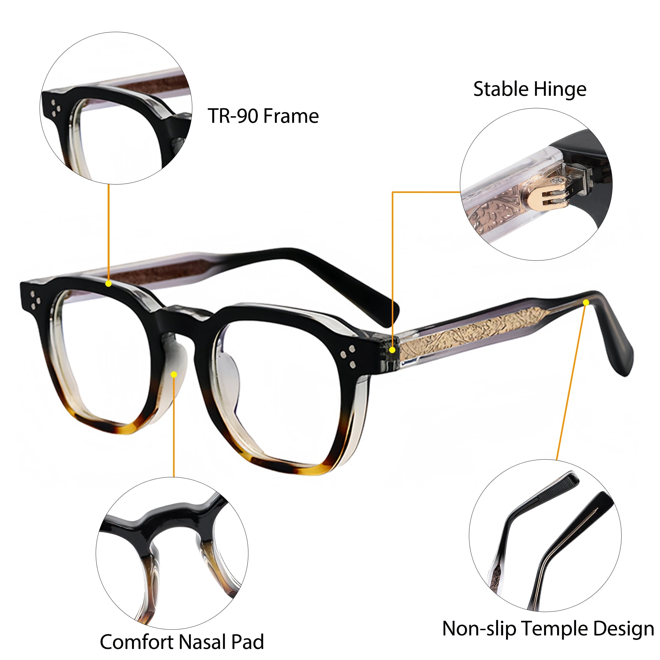 Diagram highlighting technical features of Caterside eyeglasses, including TR-90 frame, stable hinge, comfort nose pad, and non-slip temple design.