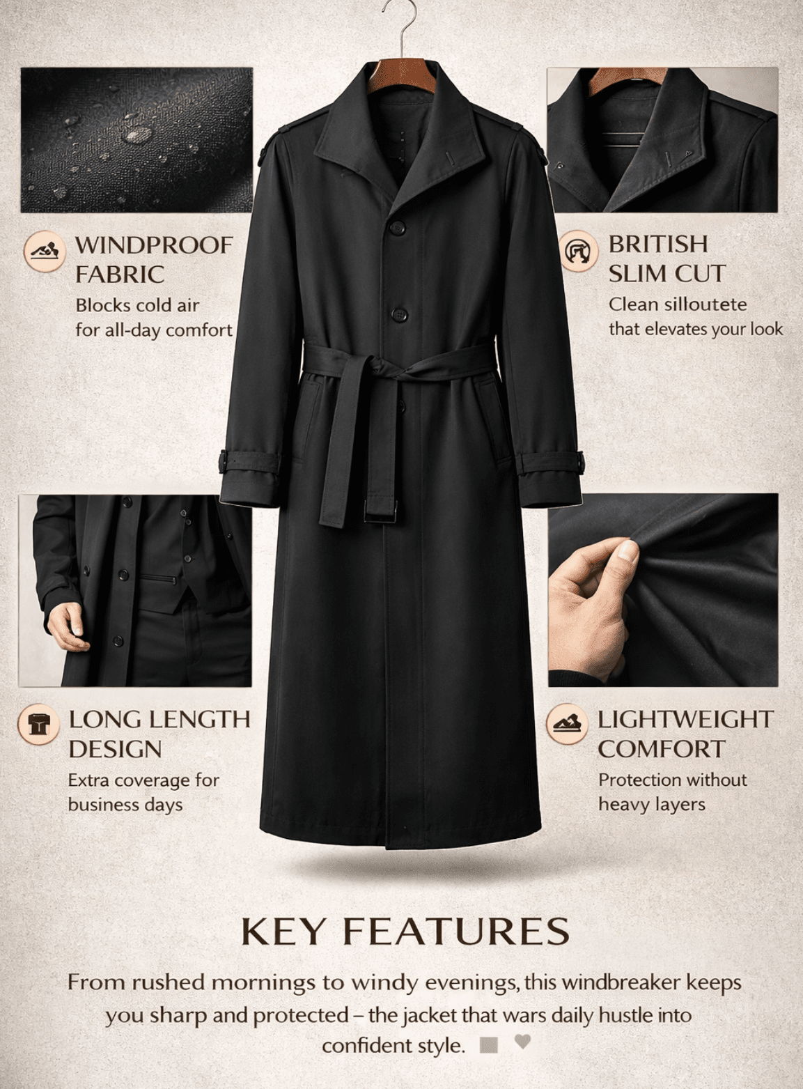 Men’s British Style Windbreaker Long Business Casual Coat - The Crew