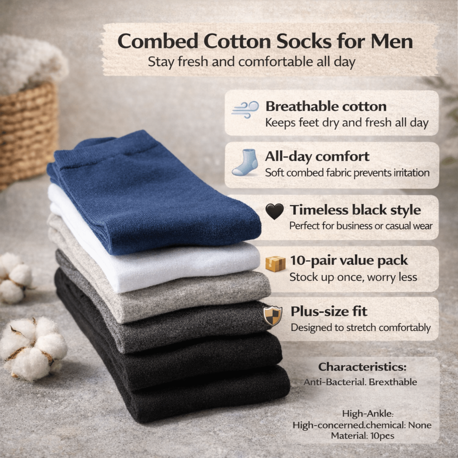 Men’s Cotton Business Socks 10 Pack – Breathable - The Crew