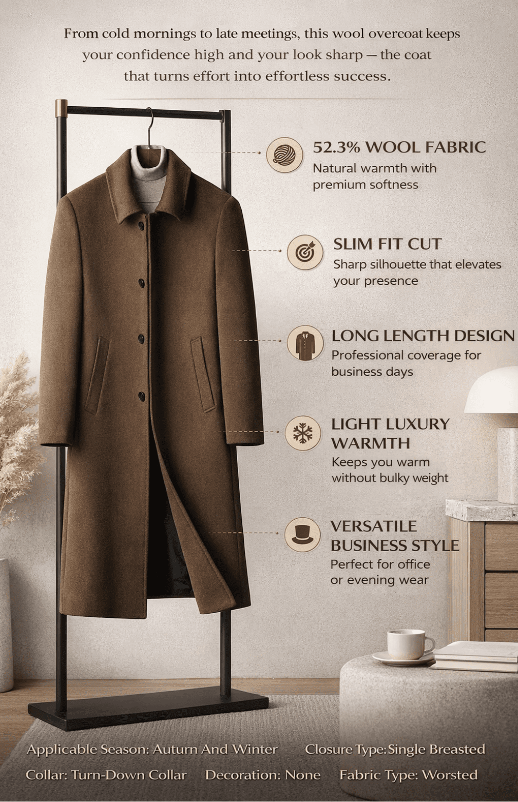 Men’s Long Wool Overcoat Slim Fit – Luxury Business Coat - The Crew