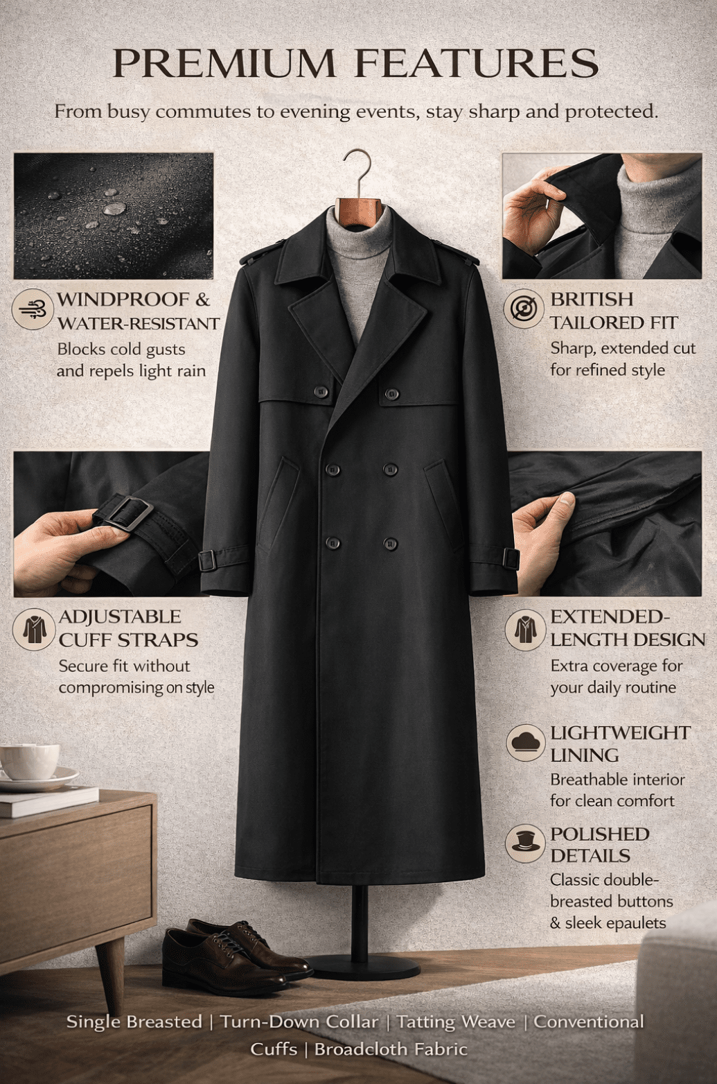 Men’s Extended - Length Trench Coat Windproof Business Style - The Crew