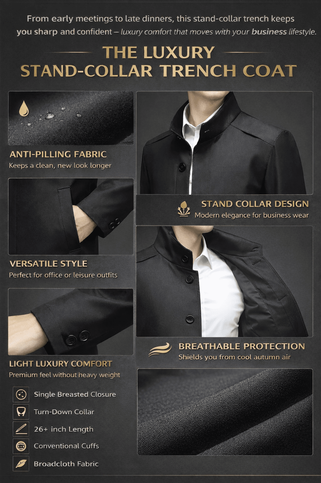 Men’s Stand Collar Trench Coat – Premium Autumn - The Crew