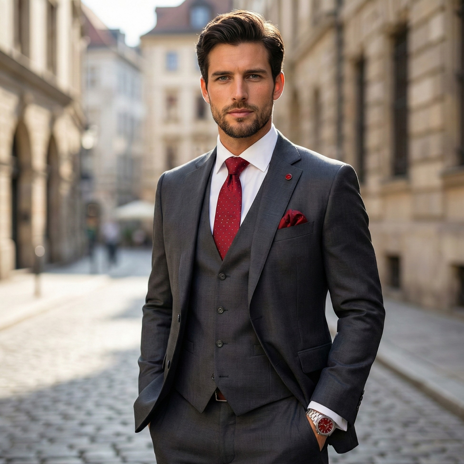 Elegant man in suit wearing red tie silk – The Crew