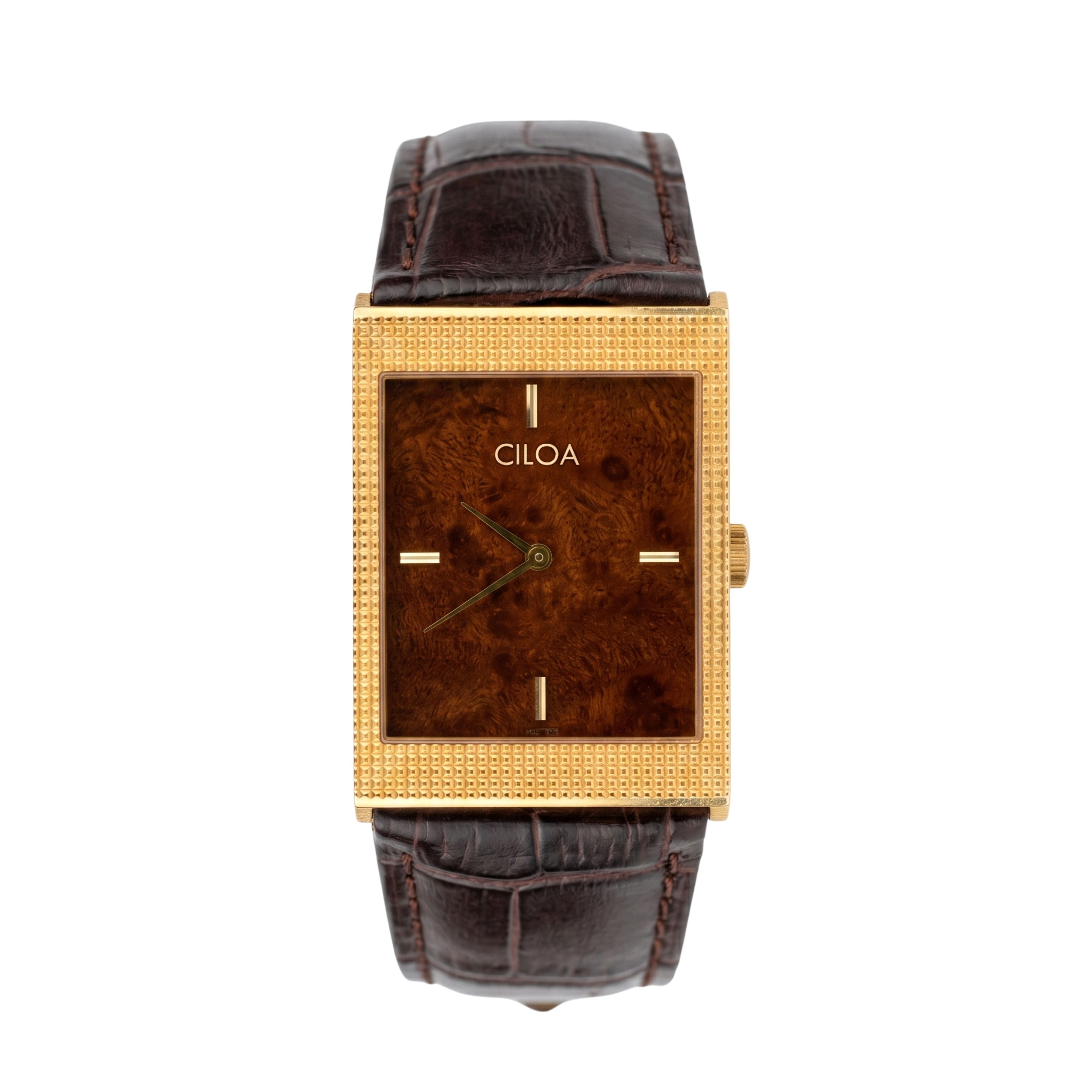CILOA rectangular gold watch featuring a textured case edge, brown dial, and dark brown crocodile-embossed leather strap on a white background.