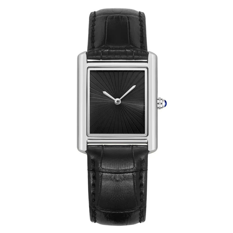 ZBJP classic square watch for men and women with a polished silver case, charcoal black textured dial, and leather strap